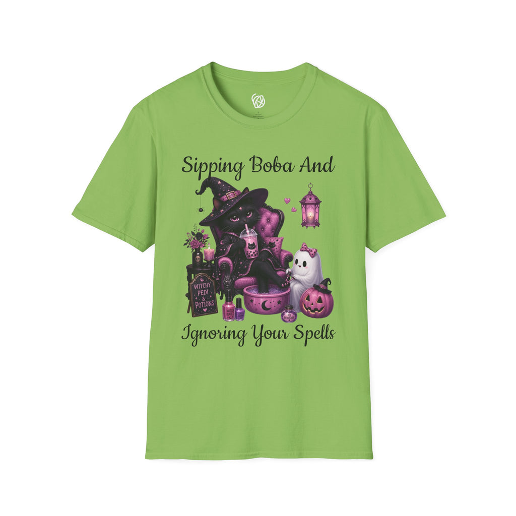 Witch Cat Graphic T-Shirt — Cute Halloween Cat with Lantern & Pumpkin