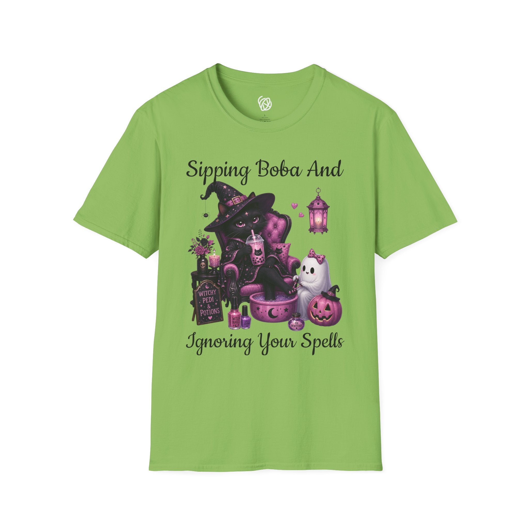 Witch Cat Graphic T-Shirt — Cute Halloween Cat with Lantern & Pumpkin