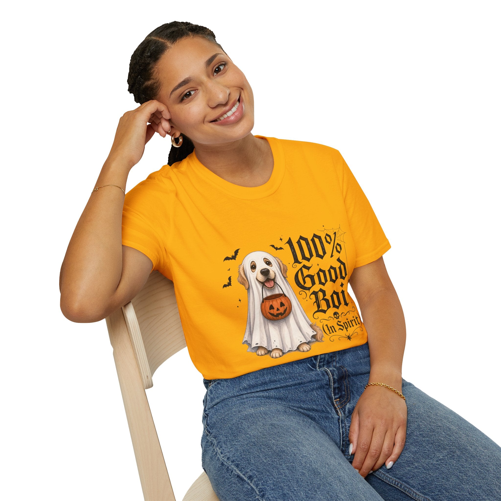 Halloween Dog T-Shirt - "100% Good Boi" Ghost Puppy with Pumpkin