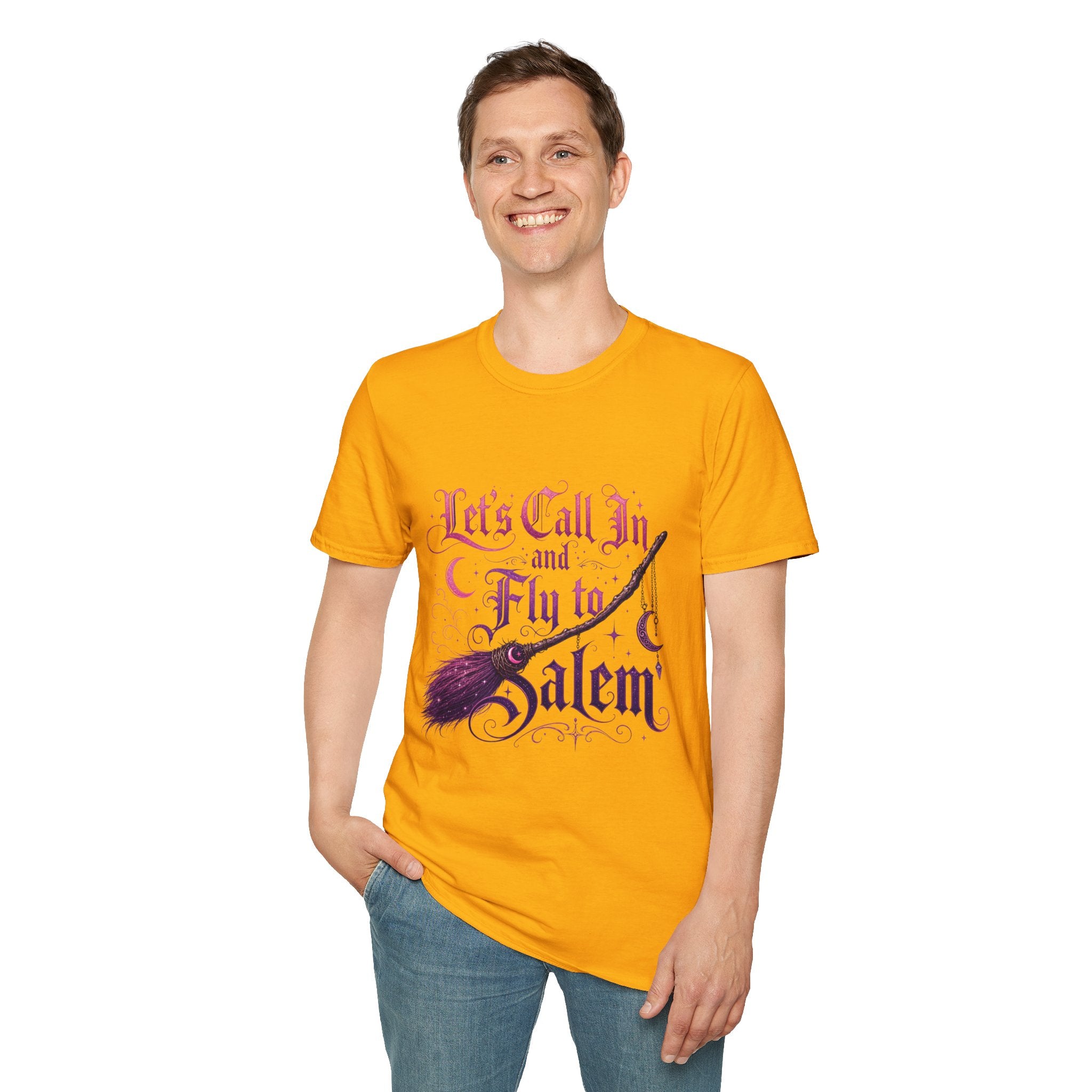 Let's Call In and Fly to Salem T-Shirt — Witchy Broomstick Gothic Tee