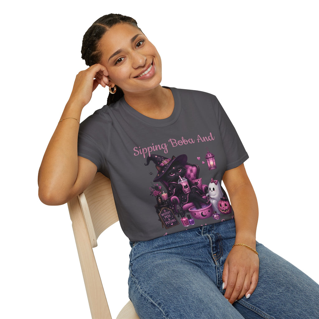 Witch Cat Graphic T-Shirt — Cute Halloween Cat with Lantern & Pumpkin