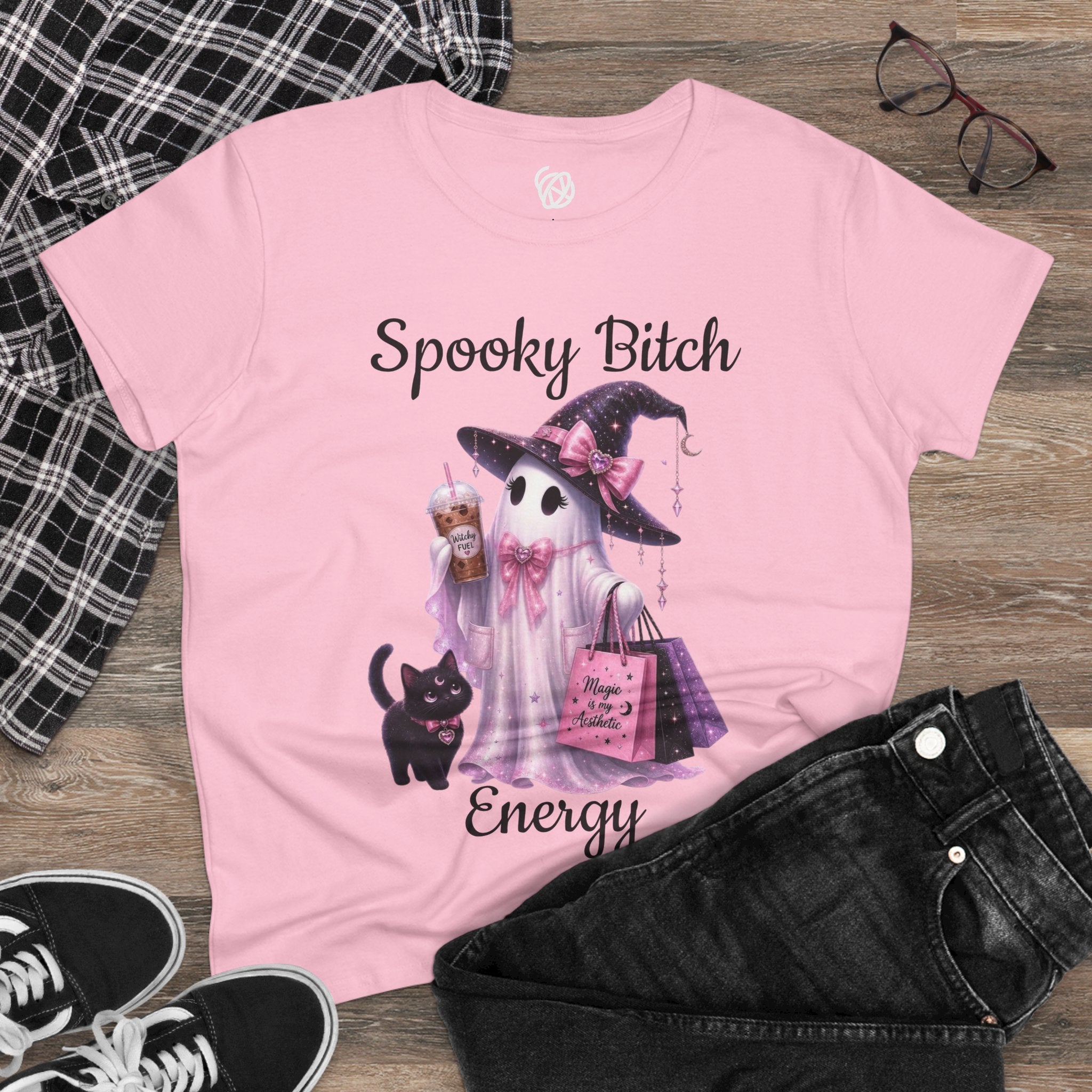 Spooky Bitch Energy Tee — Cute Witch Ghost Halloween T‑Shirt for Women