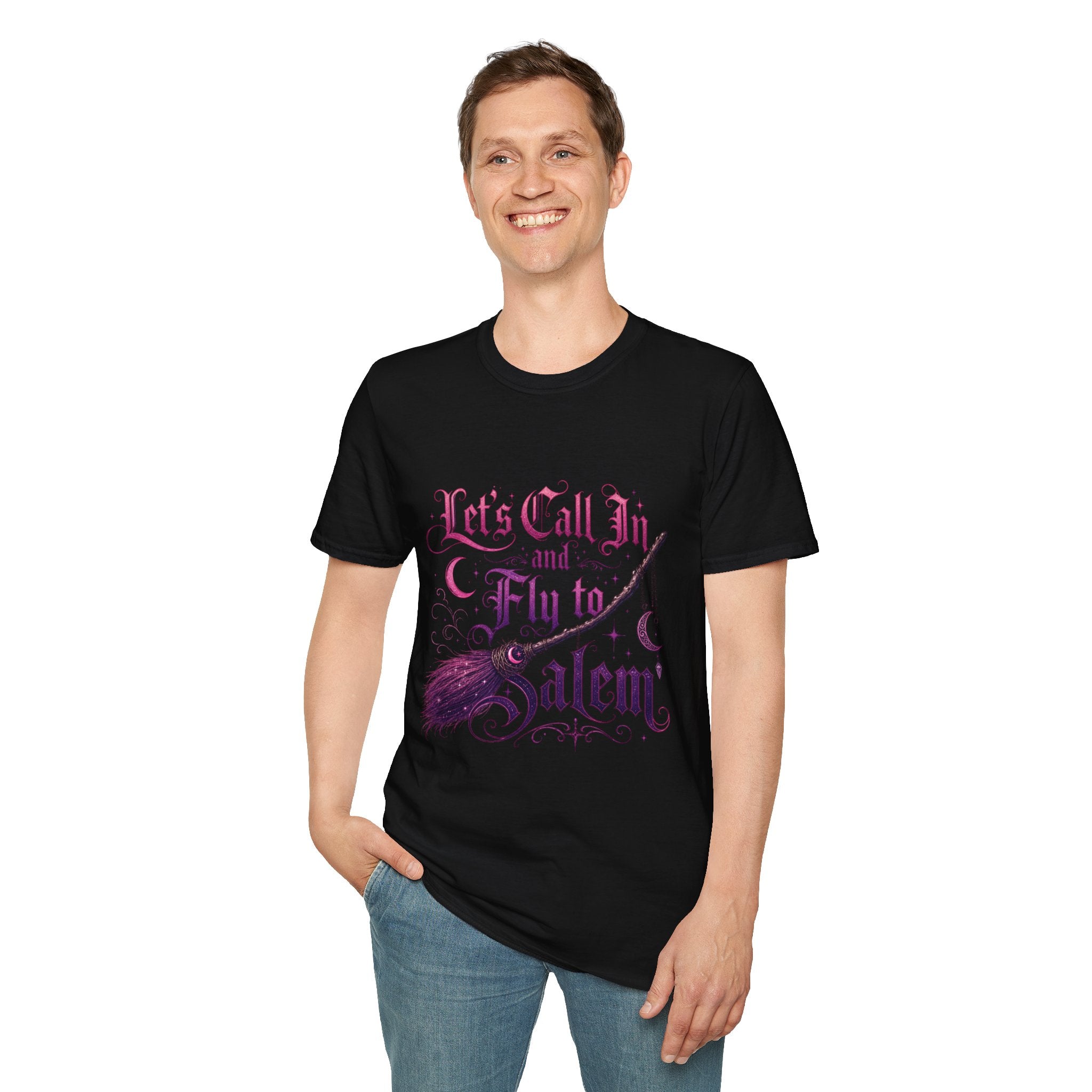 Let's Call In and Fly to Salem T-Shirt — Witchy Broomstick Gothic Tee