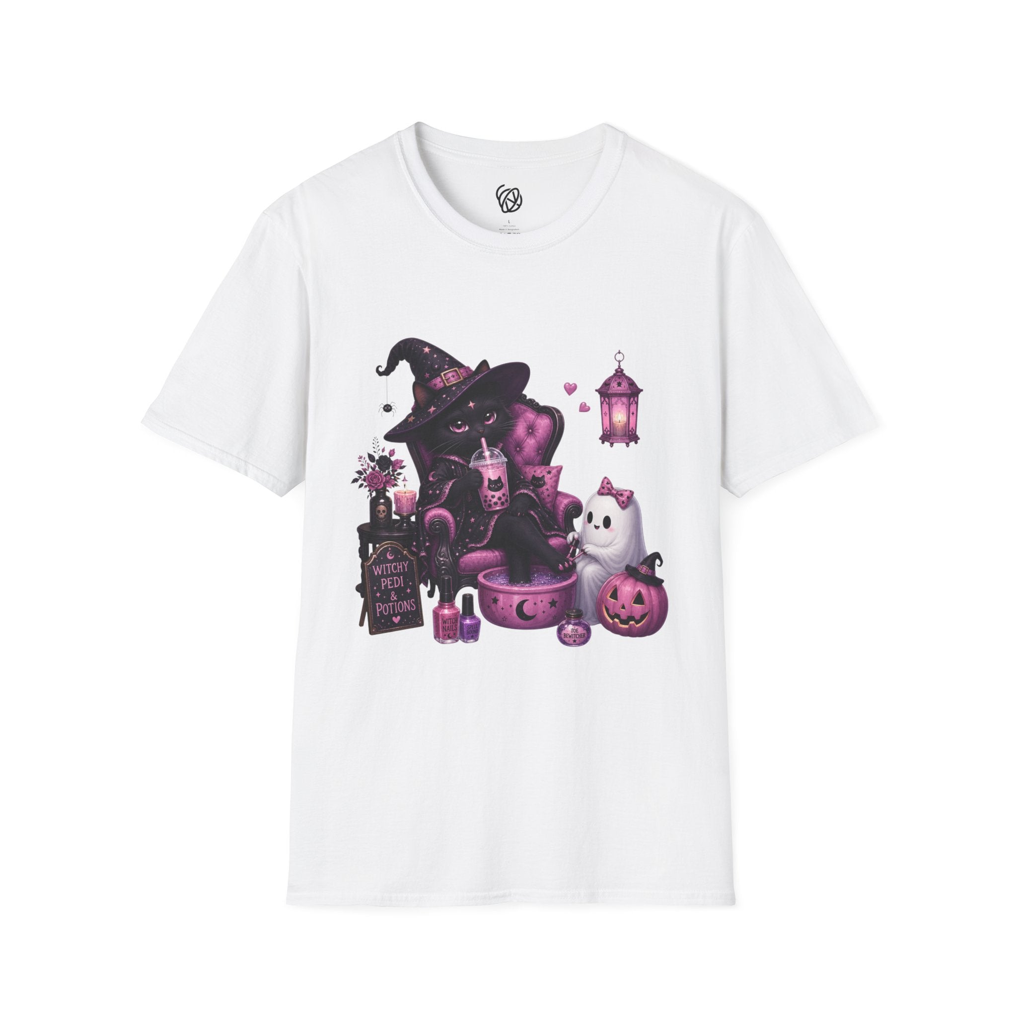 Witch Cat Graphic T-Shirt — Cute Halloween Cat with Lantern & Pumpkin