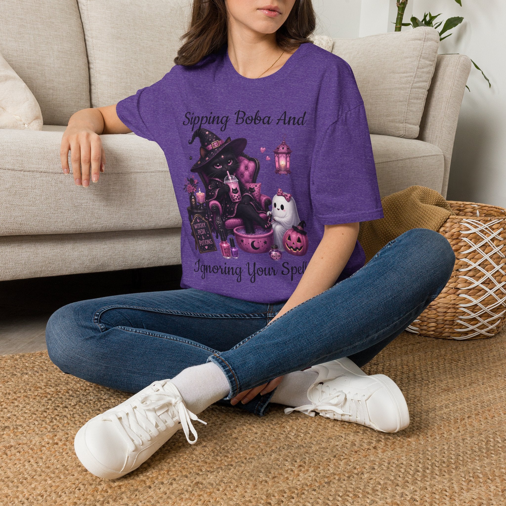 Witch Cat Graphic T-Shirt — Cute Halloween Cat with Lantern & Pumpkin