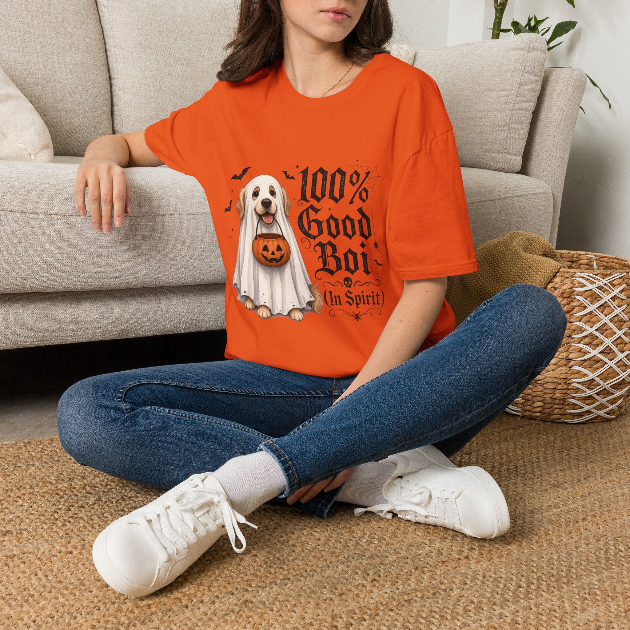 Halloween Dog T-Shirt - "100% Good Boi" Ghost Puppy with Pumpkin