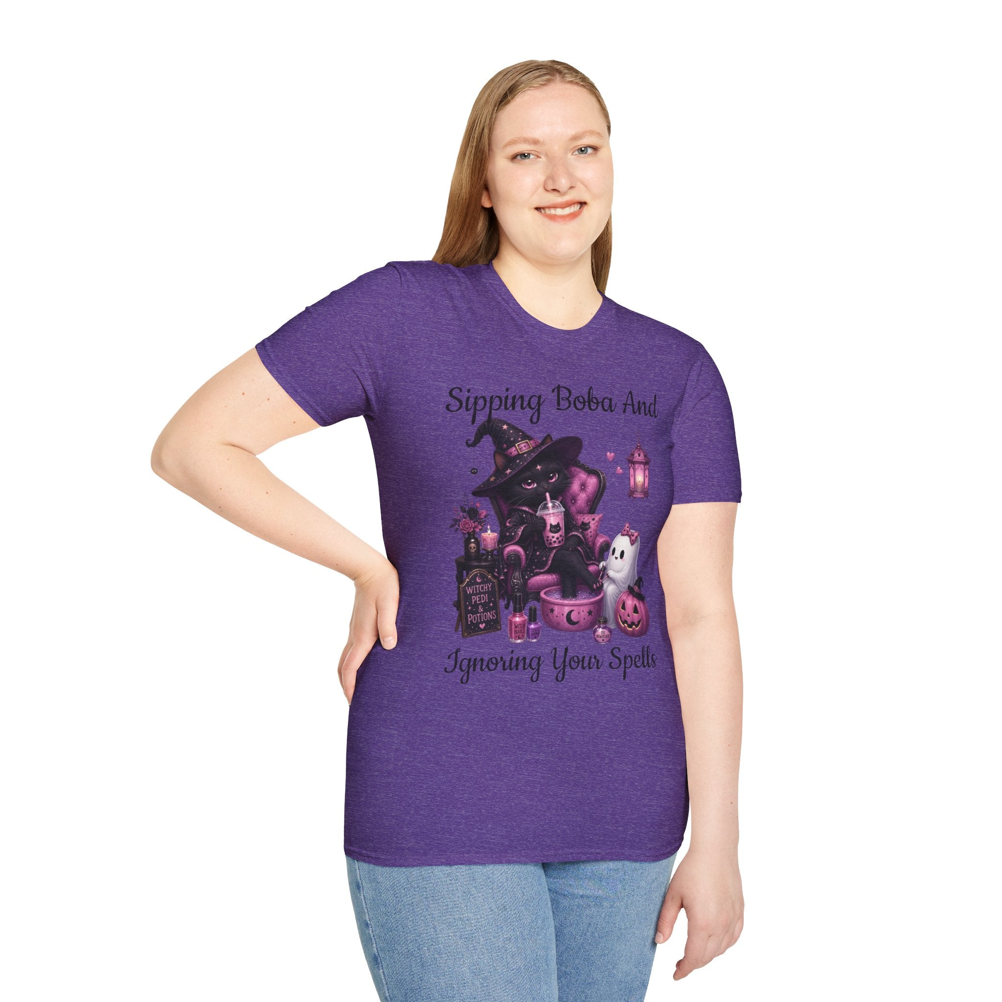 Witch Cat Graphic T-Shirt — Cute Halloween Cat with Lantern & Pumpkin