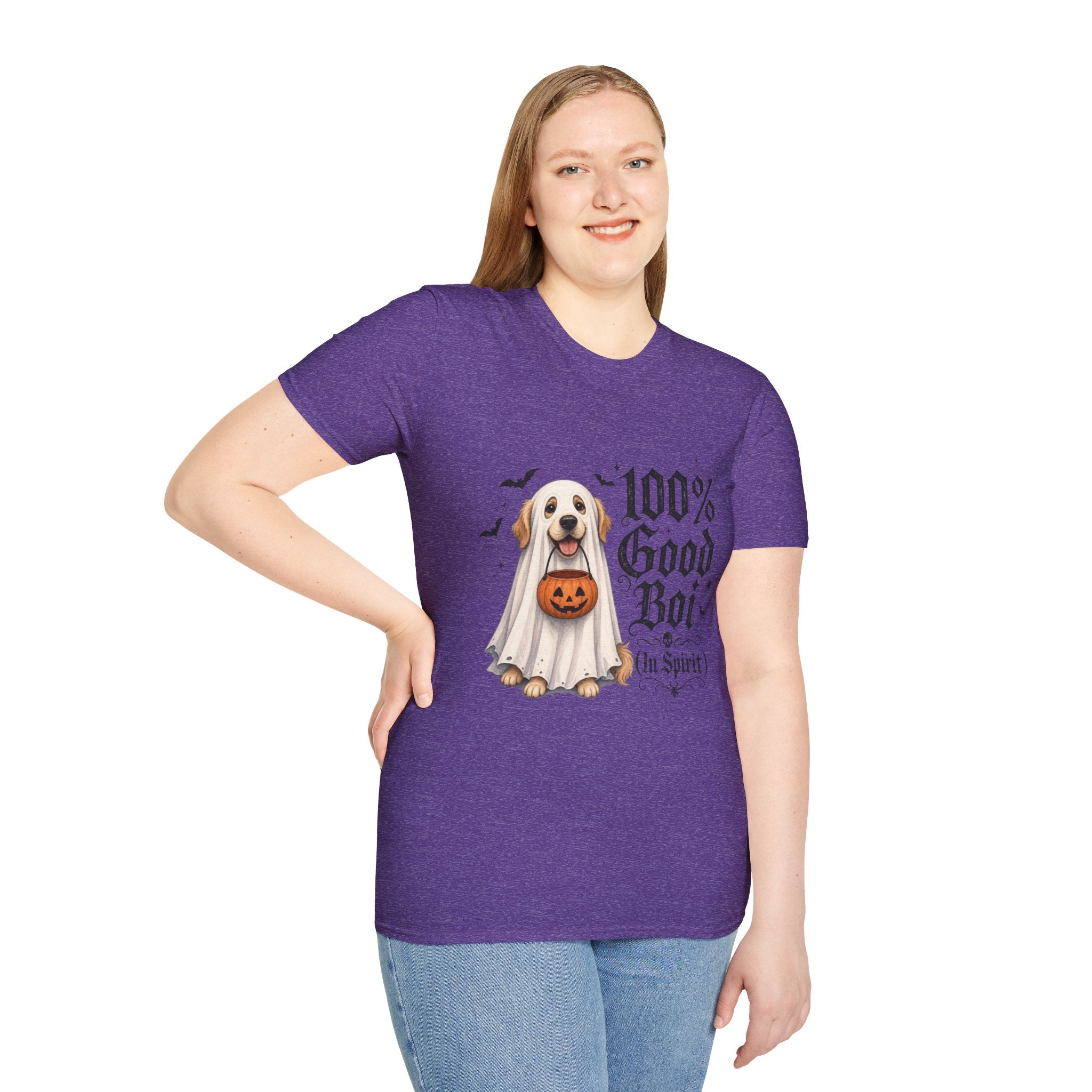Halloween Dog T-Shirt - "100% Good Boi" Ghost Puppy with Pumpkin