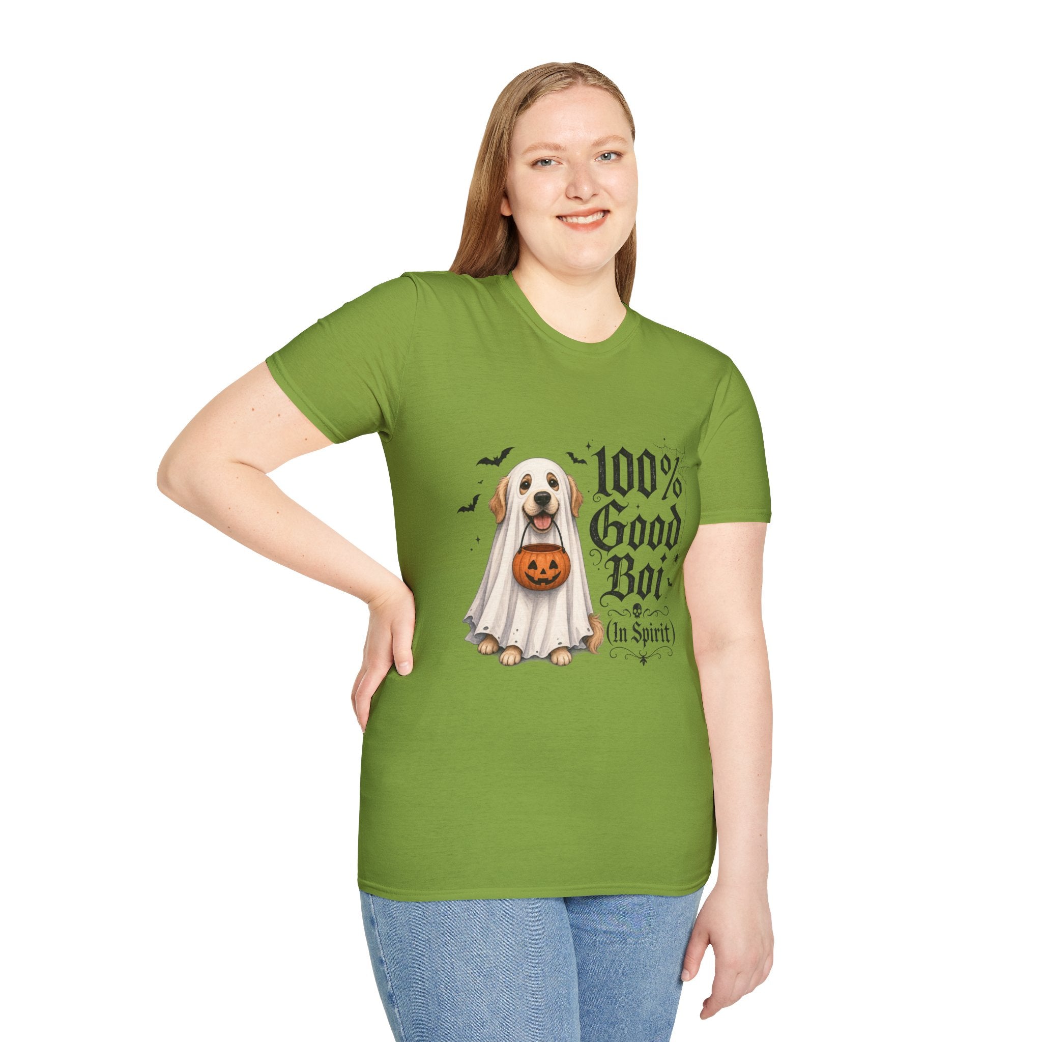 Halloween Dog T-Shirt - "100% Good Boi" Ghost Puppy with Pumpkin