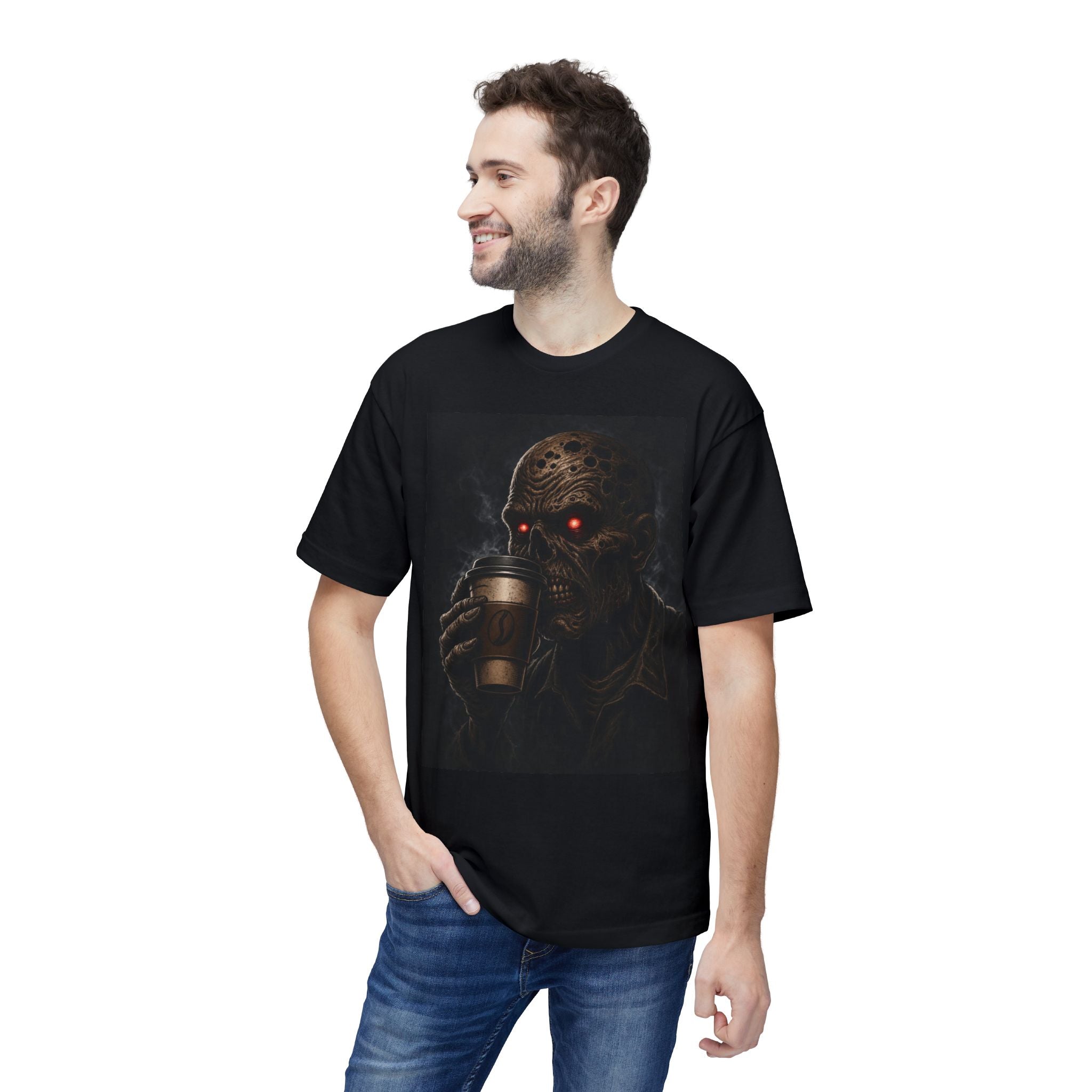Horror Zombie Coffee T-Shirt — Red-Eyed Skull Drinking Coffee Graphic Tee