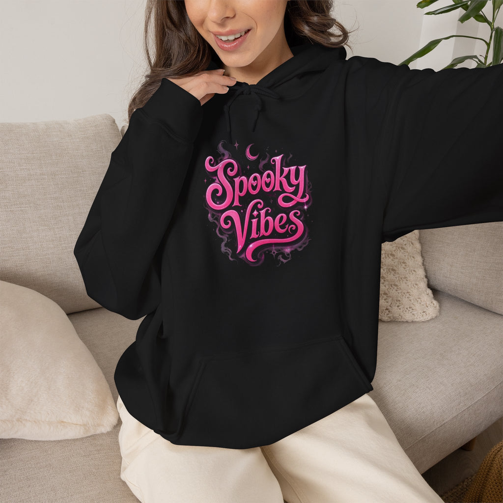Spooky Vibes Hoodie — Retro Pink Halloween Graphic Sweatshirt