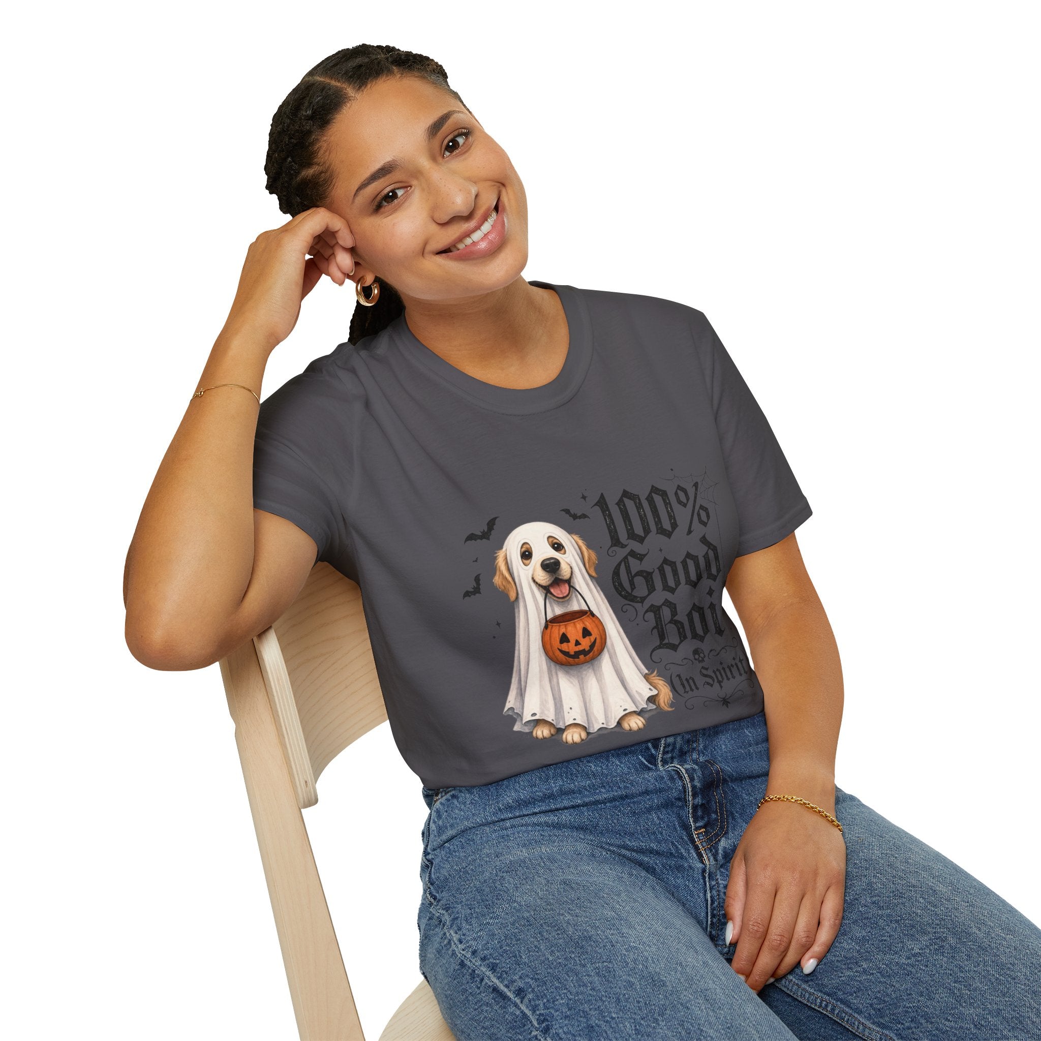Halloween Dog T-Shirt - "100% Good Boi" Ghost Puppy with Pumpkin