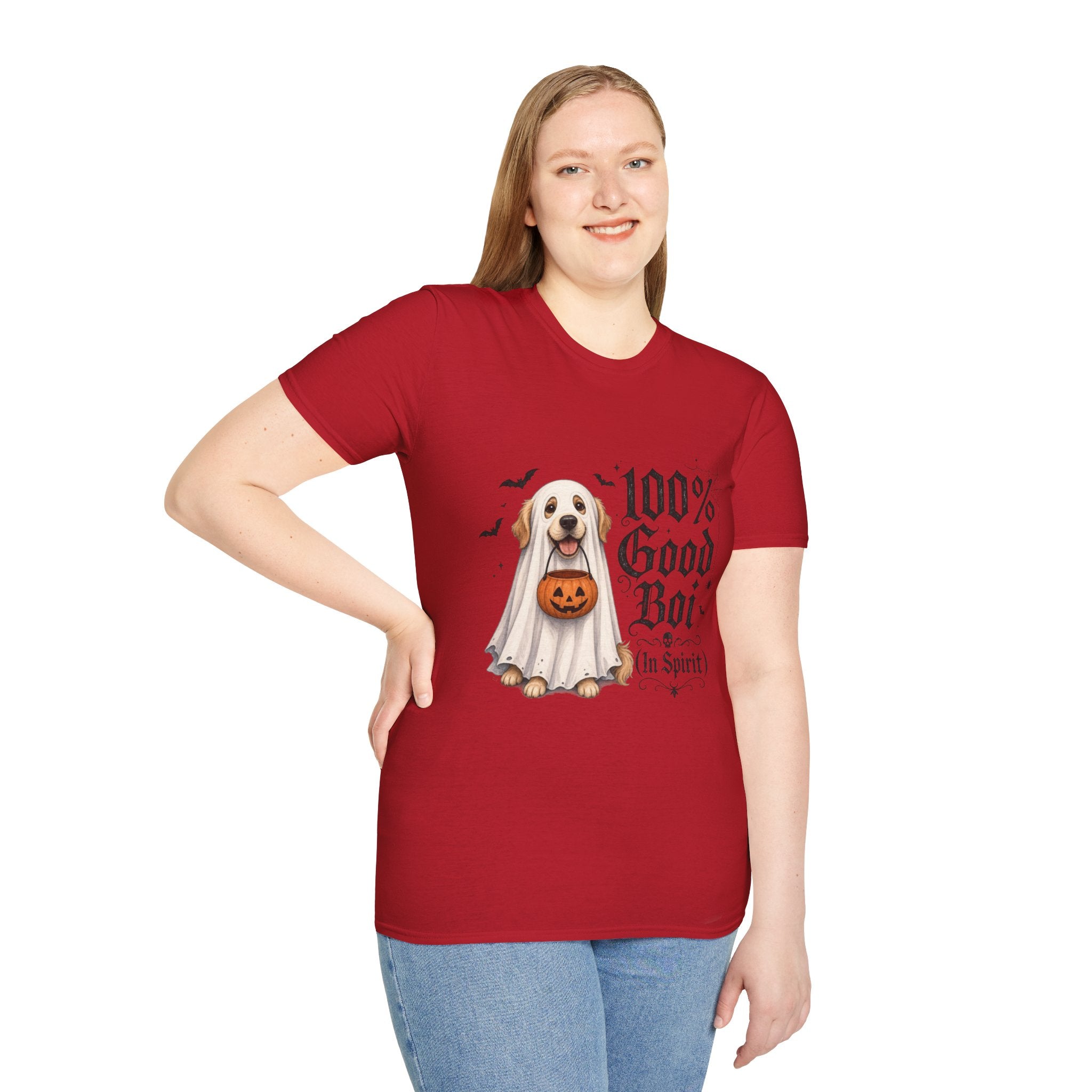 Halloween Dog T-Shirt - "100% Good Boi" Ghost Puppy with Pumpkin