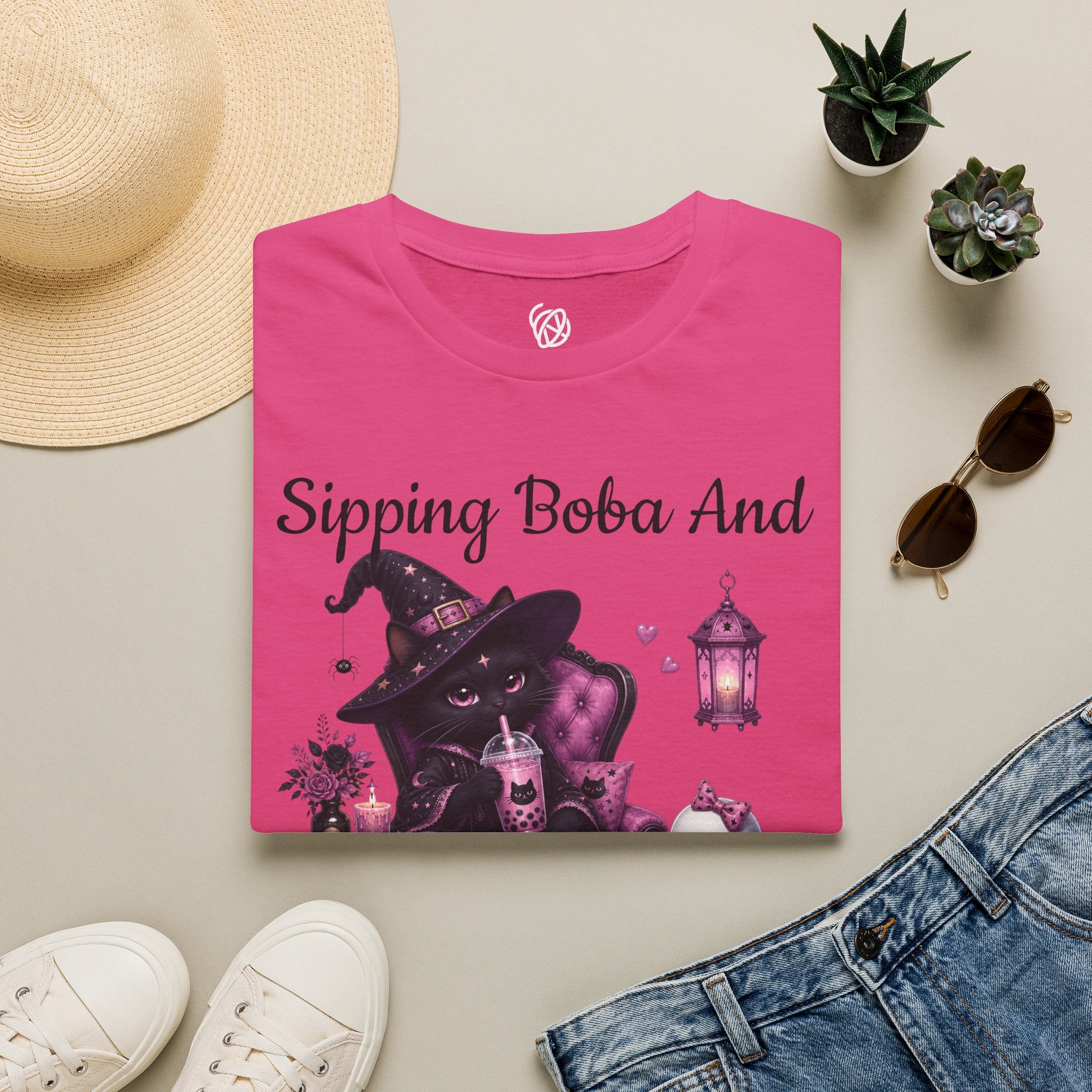 Witch Cat Graphic T-Shirt — Cute Halloween Cat with Lantern & Pumpkin