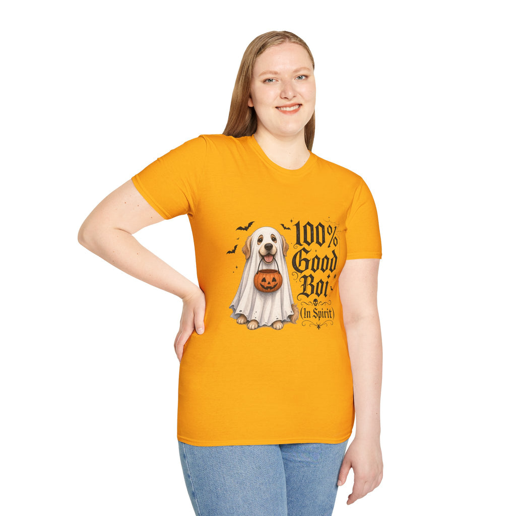 Halloween Dog T-Shirt - "100% Good Boi" Ghost Puppy with Pumpkin