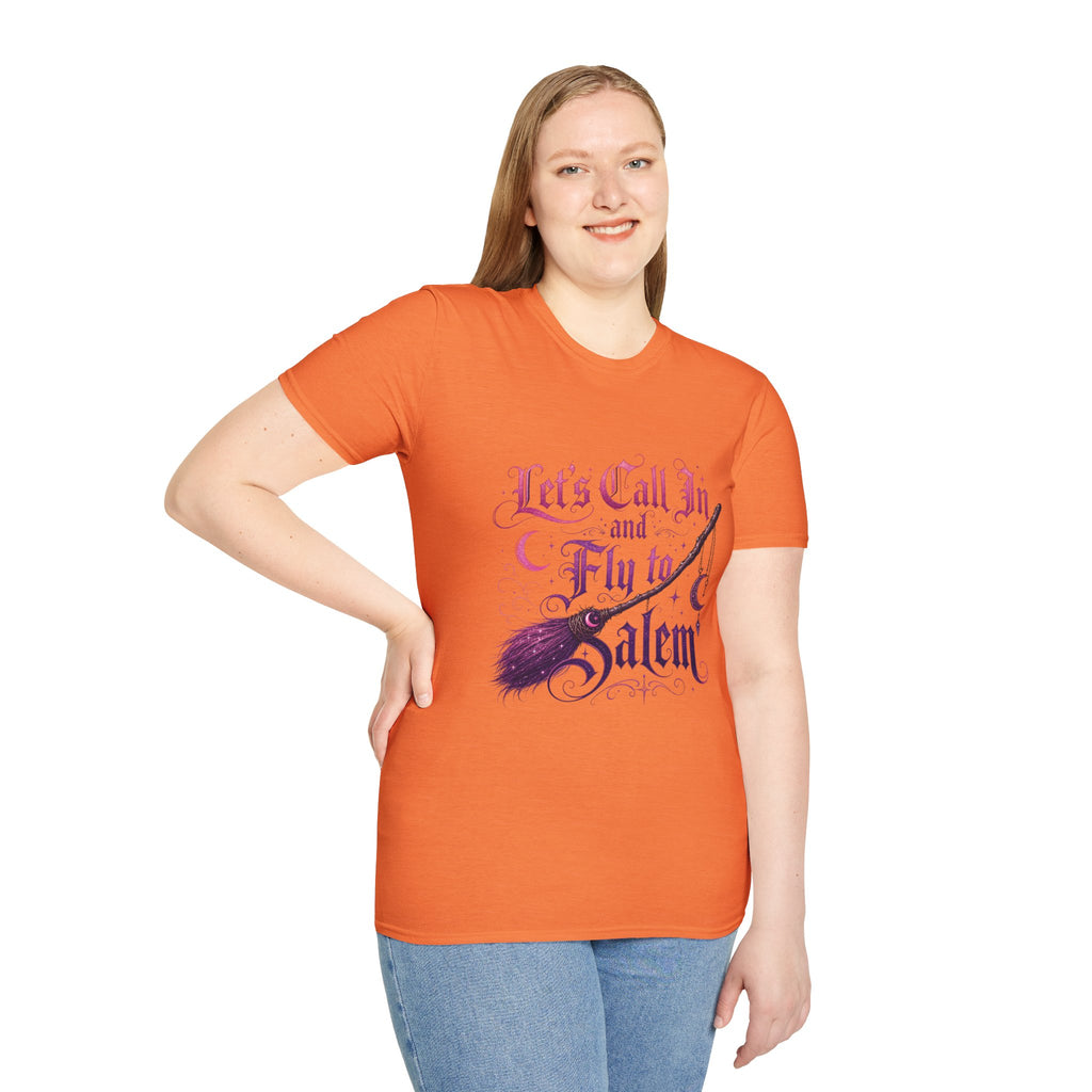 Let's Call In and Fly to Salem T-Shirt — Witchy Broomstick Gothic Tee