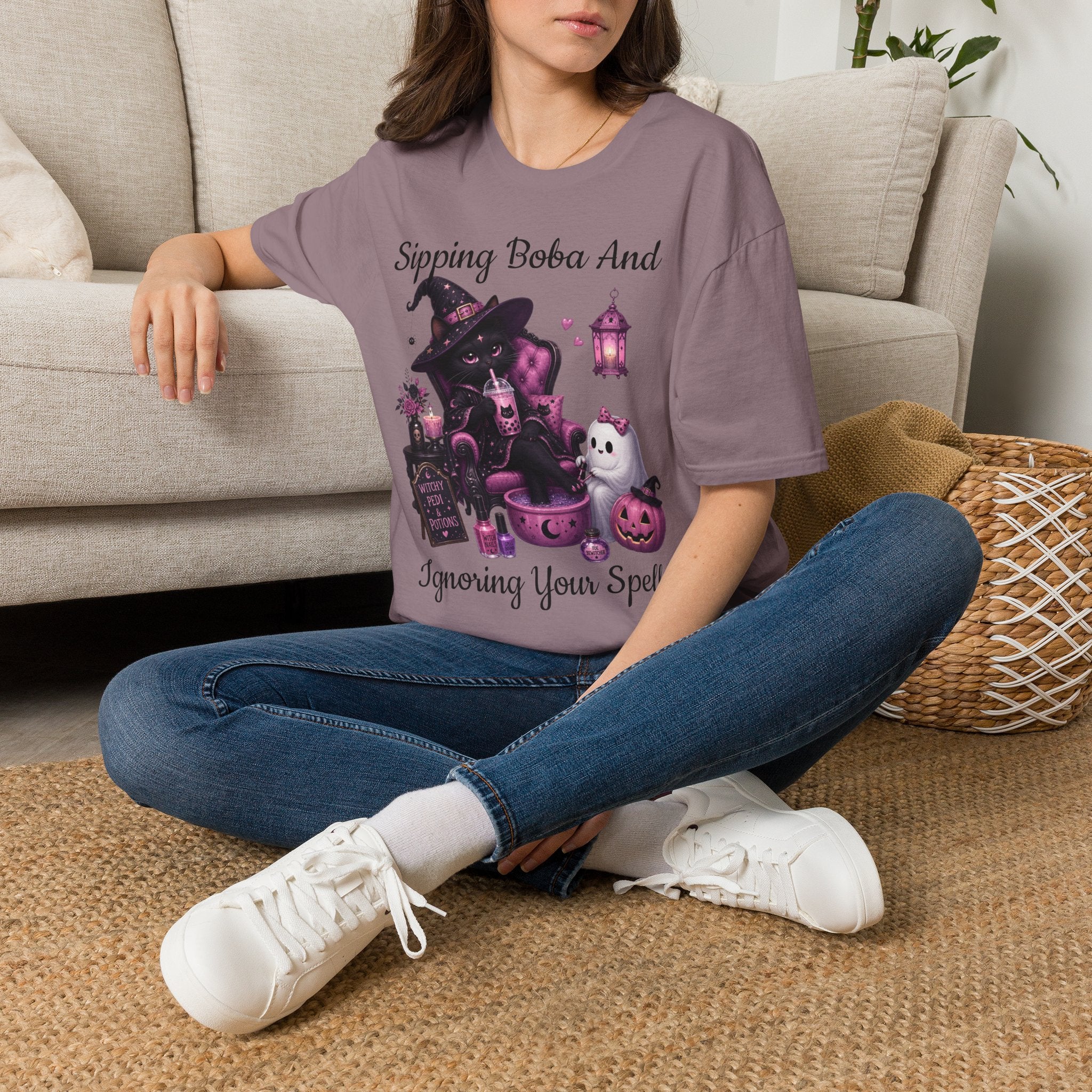 Witch Cat Graphic T-Shirt — Cute Halloween Cat with Lantern & Pumpkin