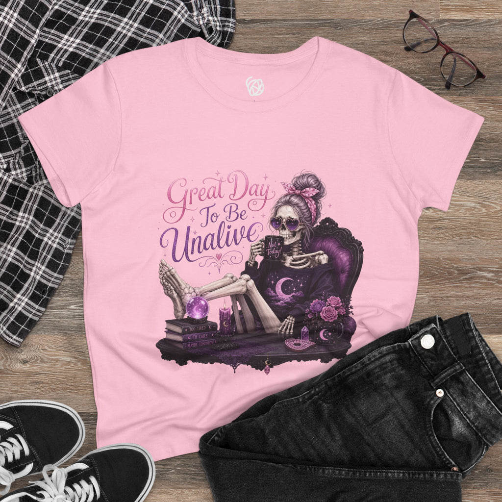 Vintage Gothic Tee — "Great Day To Be Unalive" Skeleton Lounge Shirt