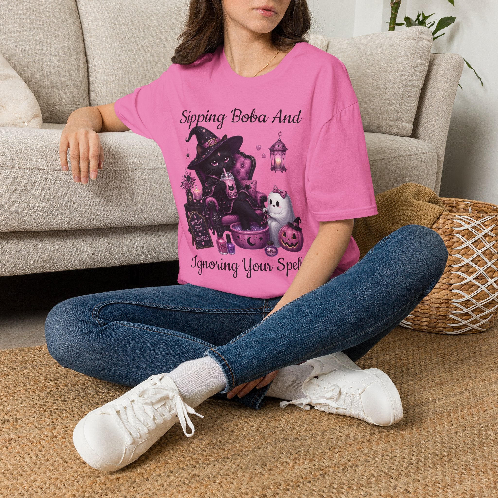 Witch Cat Graphic T-Shirt — Cute Halloween Cat with Lantern & Pumpkin