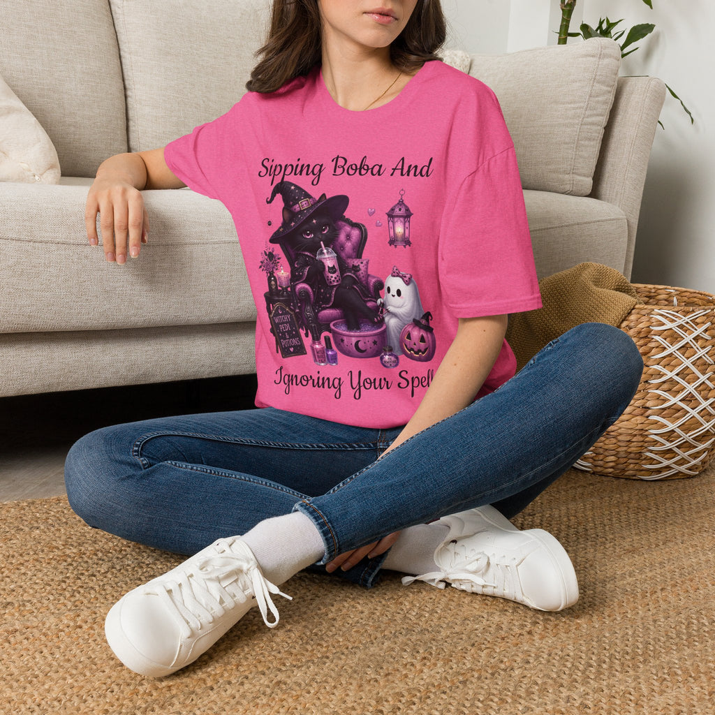 Witch Cat Graphic T-Shirt — Cute Halloween Cat with Lantern & Pumpkin