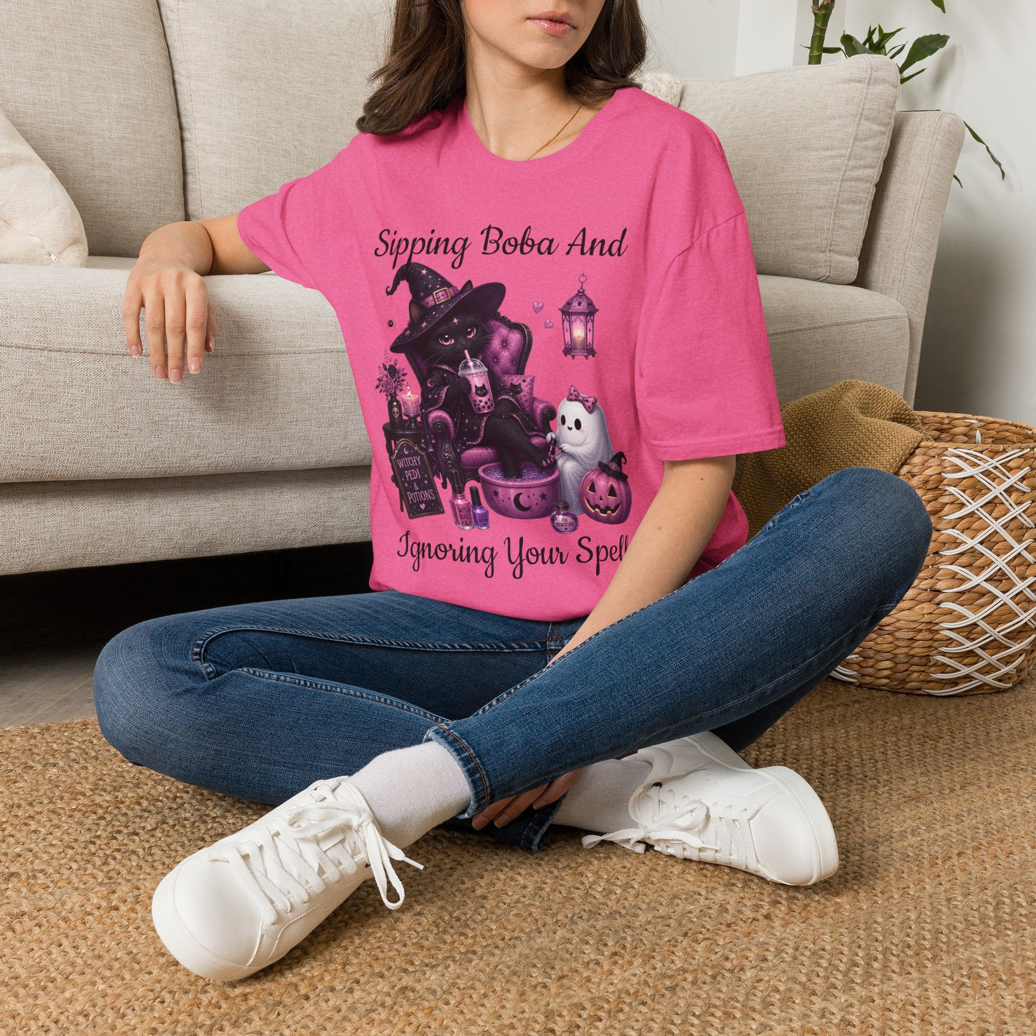 Witch Cat Graphic T-Shirt — Cute Halloween Cat with Lantern & Pumpkin