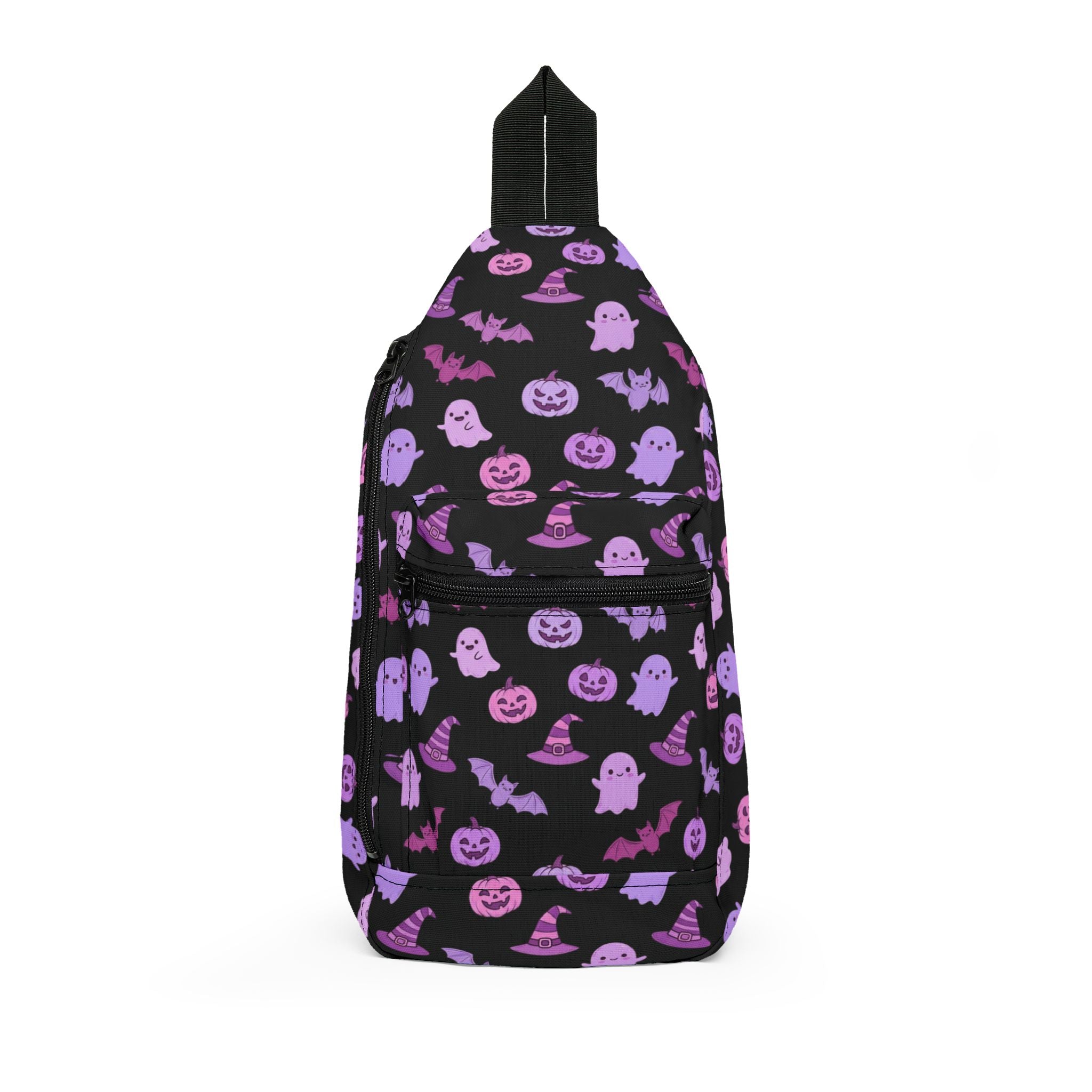 Purple Halloween Sling Bag — Cute Pumpkin & Bat Crossbody Bag for Halloween