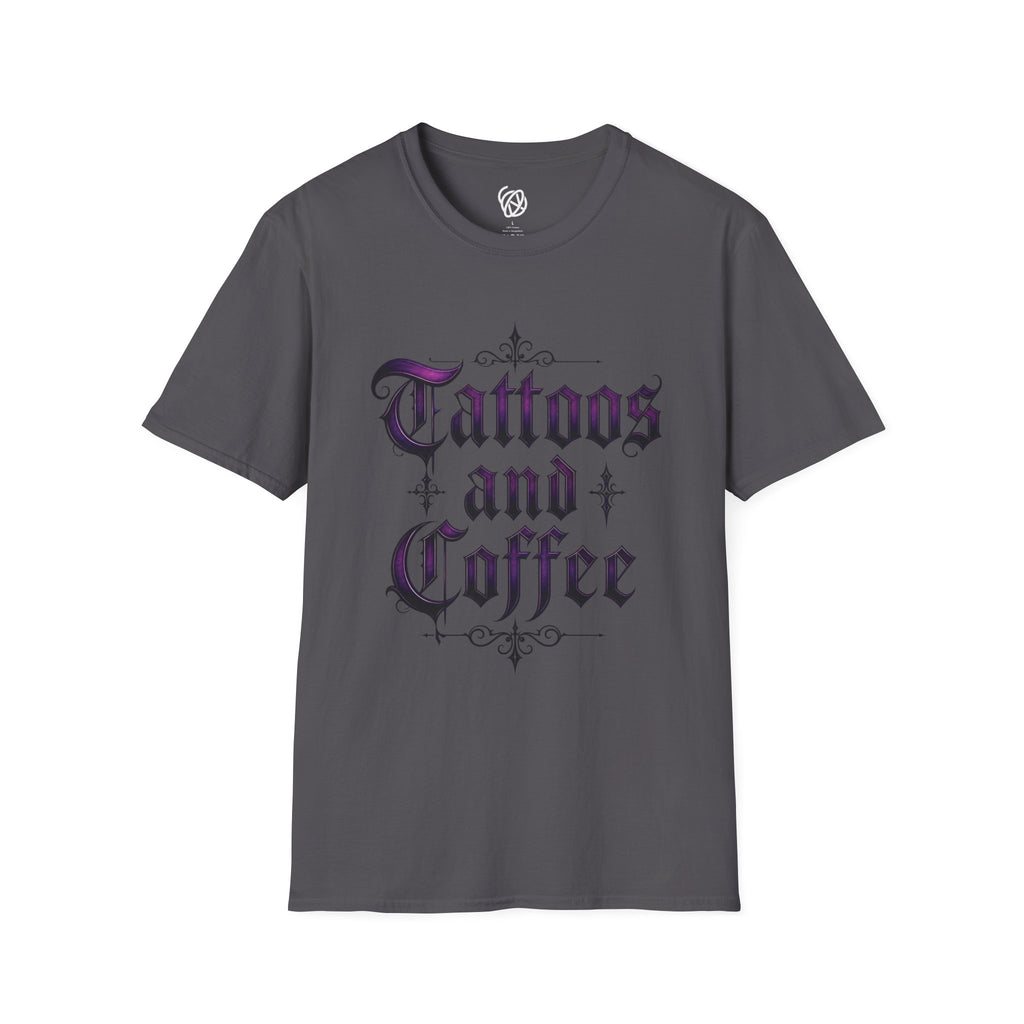 "Tattoos and Coffee" T-Shirt — Gothic Script Graphic Tee for Coffee & Ink Lovers