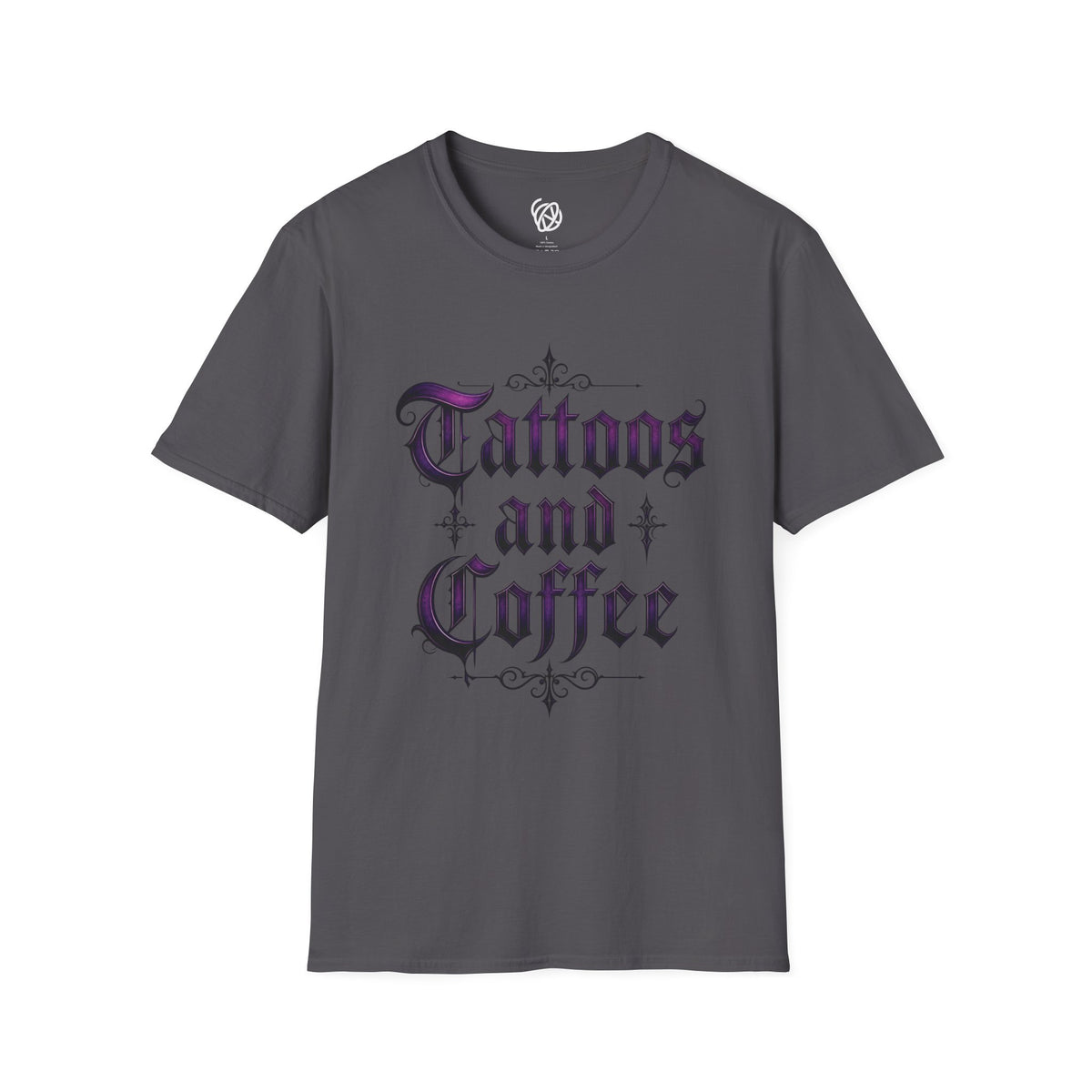 "Tattoos and Coffee" T-Shirt — Gothic Script Graphic Tee for Coffee & Ink Lovers