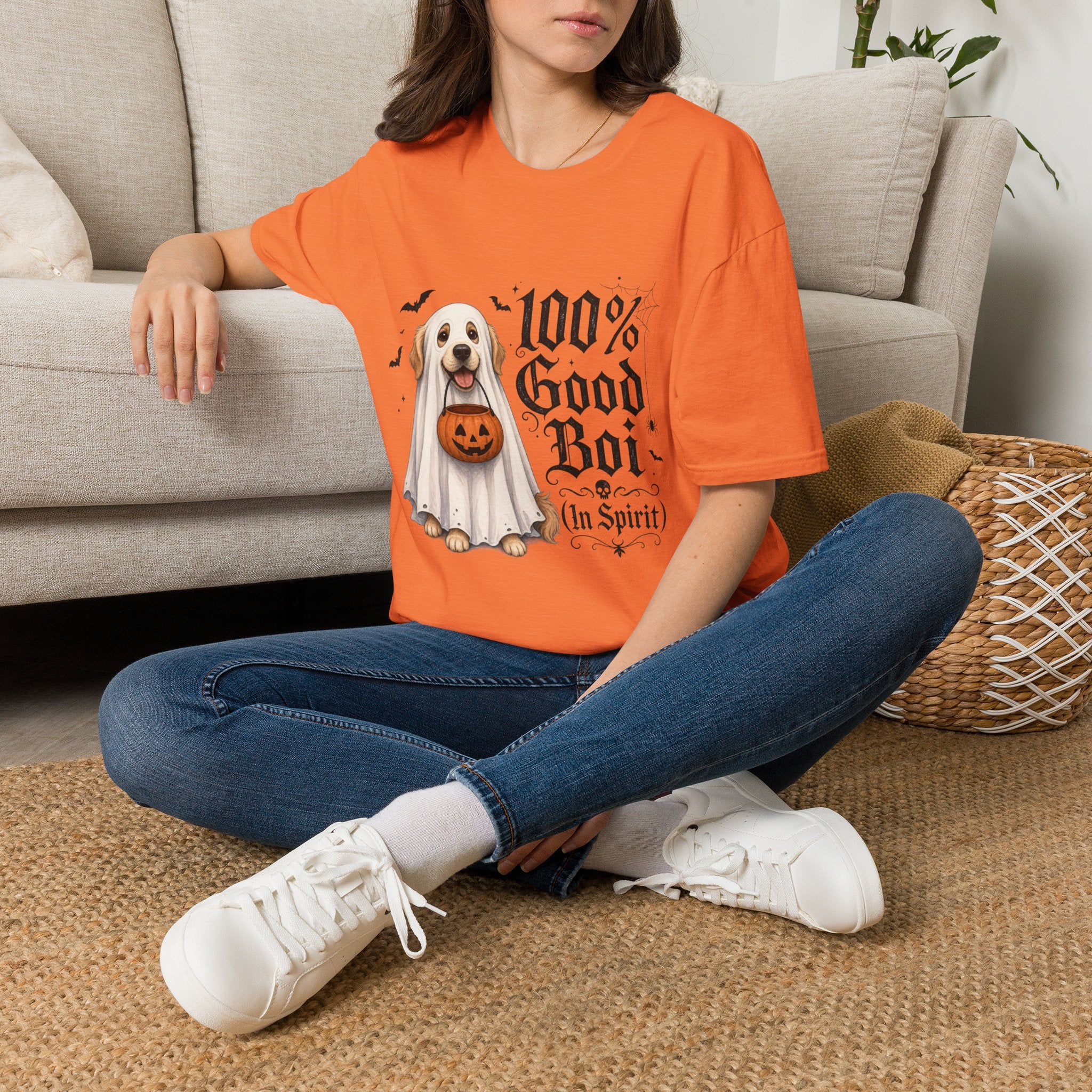 Halloween Dog T-Shirt - "100% Good Boi" Ghost Puppy with Pumpkin