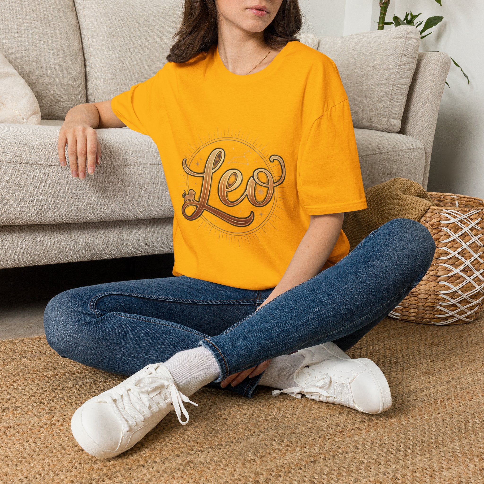 Leo Zodiac T-Shirt — Gold Script Astrology Tee for Leo Season