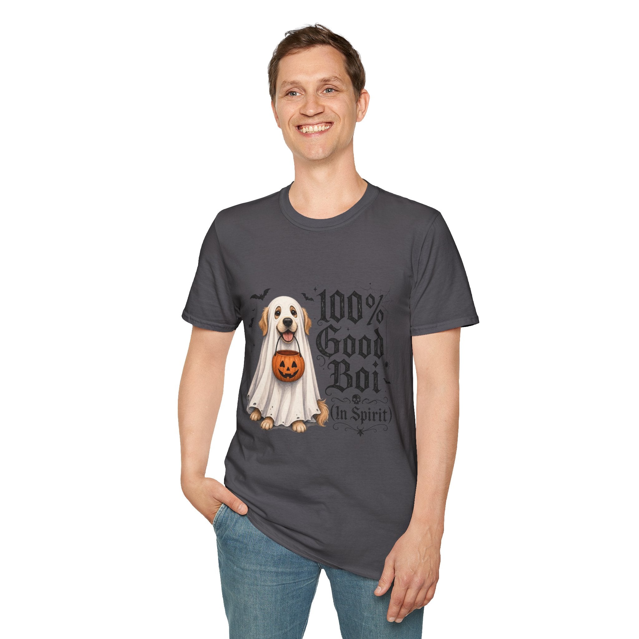 Halloween Dog T-Shirt - "100% Good Boi" Ghost Puppy with Pumpkin