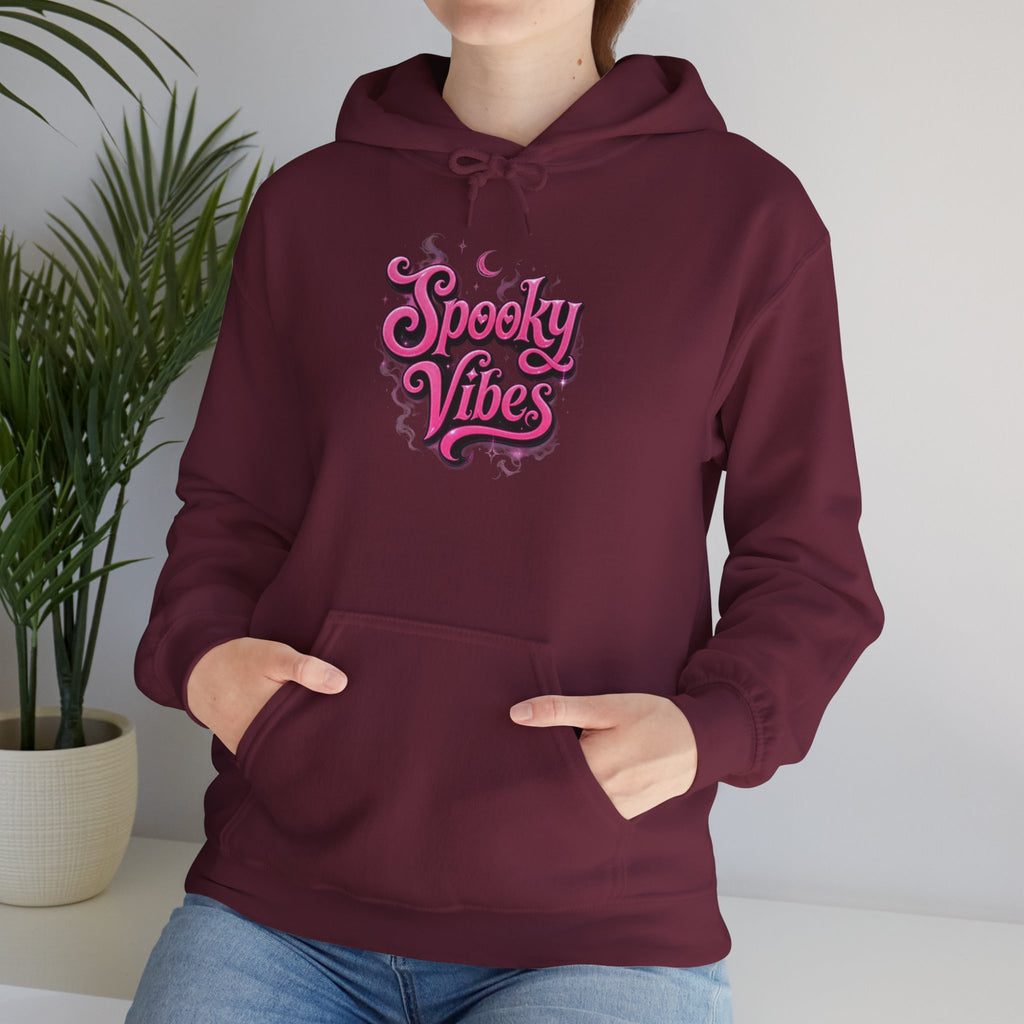 Spooky Vibes Hoodie — Retro Pink Halloween Graphic Sweatshirt