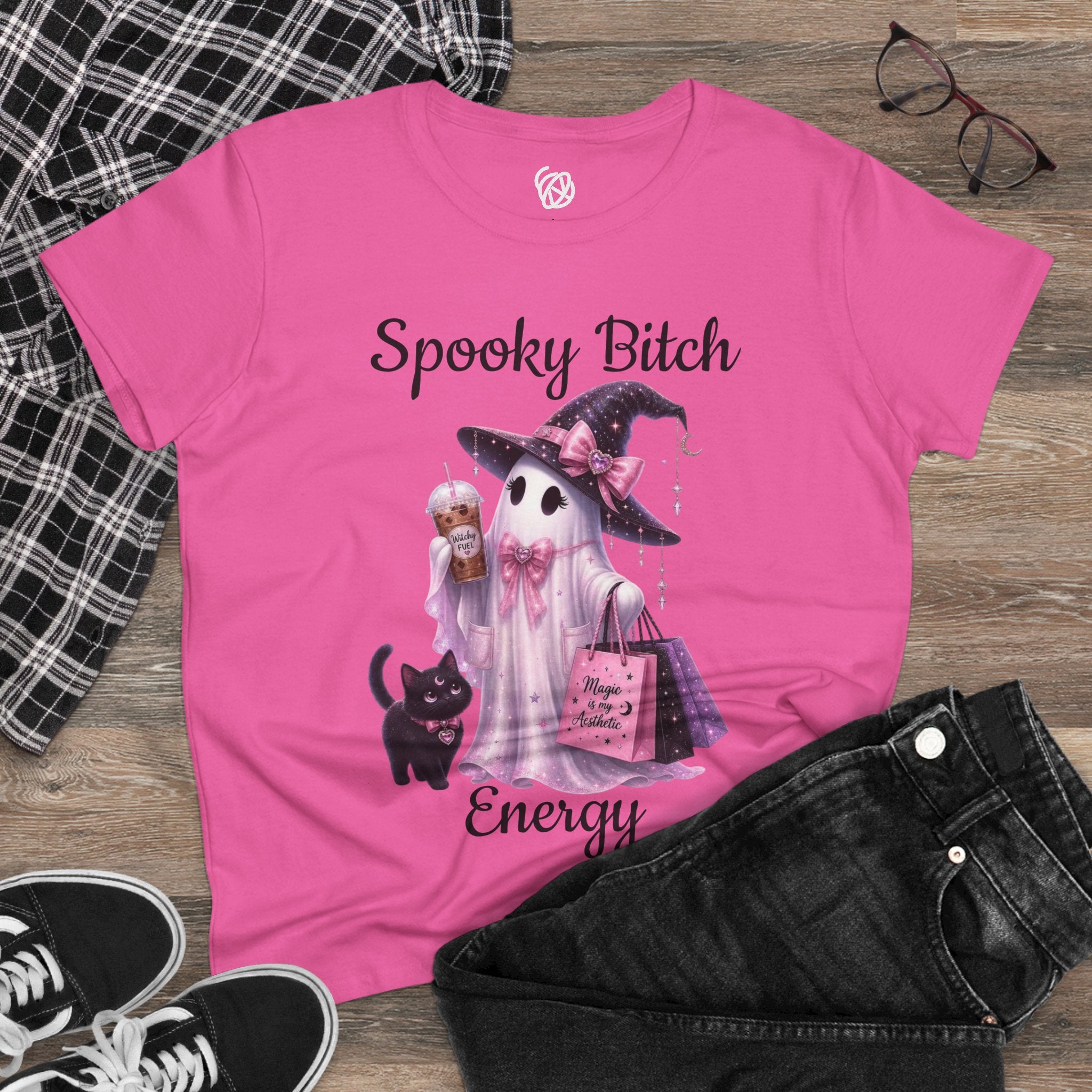 Spooky Bitch Energy Tee — Cute Witch Ghost Halloween T‑Shirt for Women