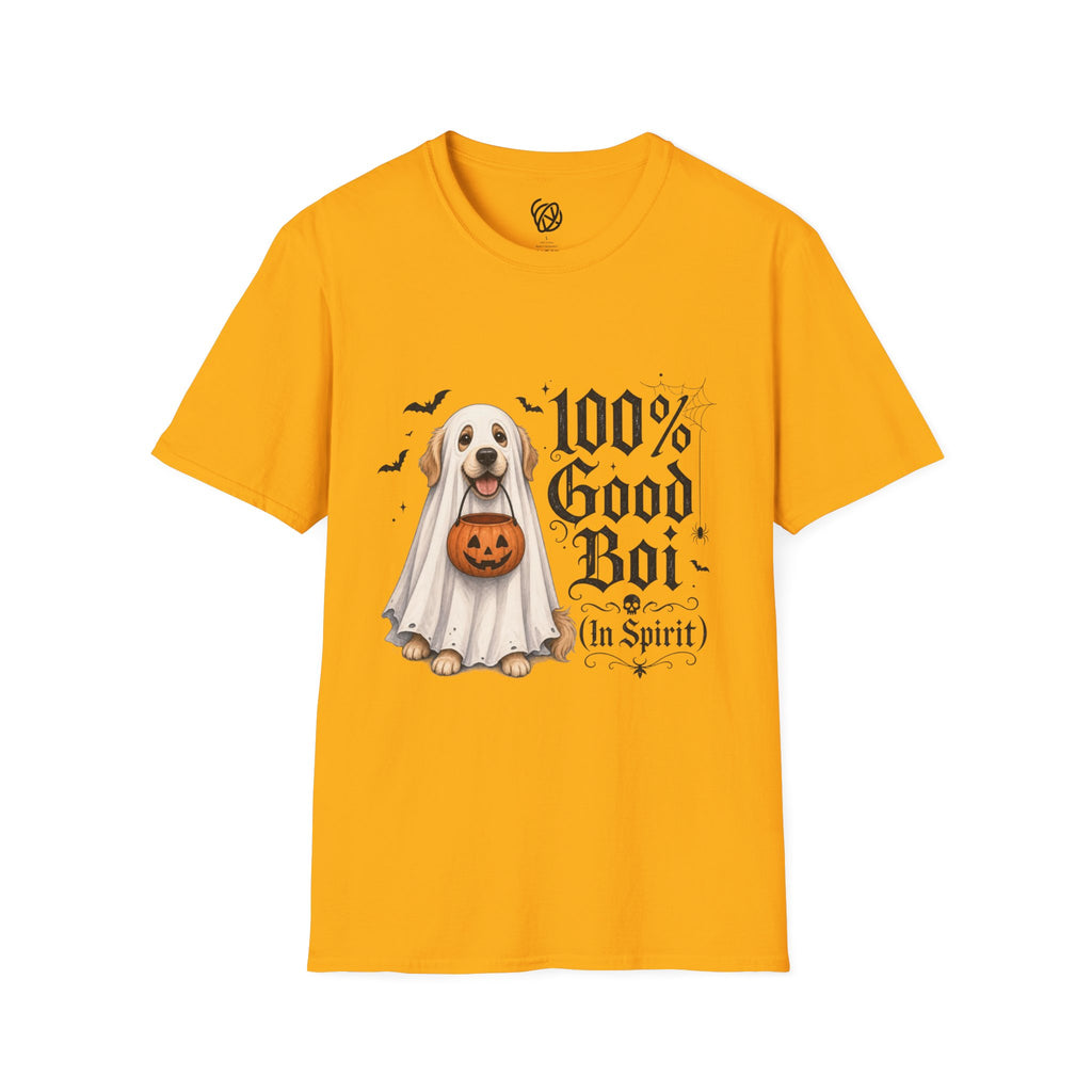 Halloween Dog T-Shirt - "100% Good Boi" Ghost Puppy with Pumpkin