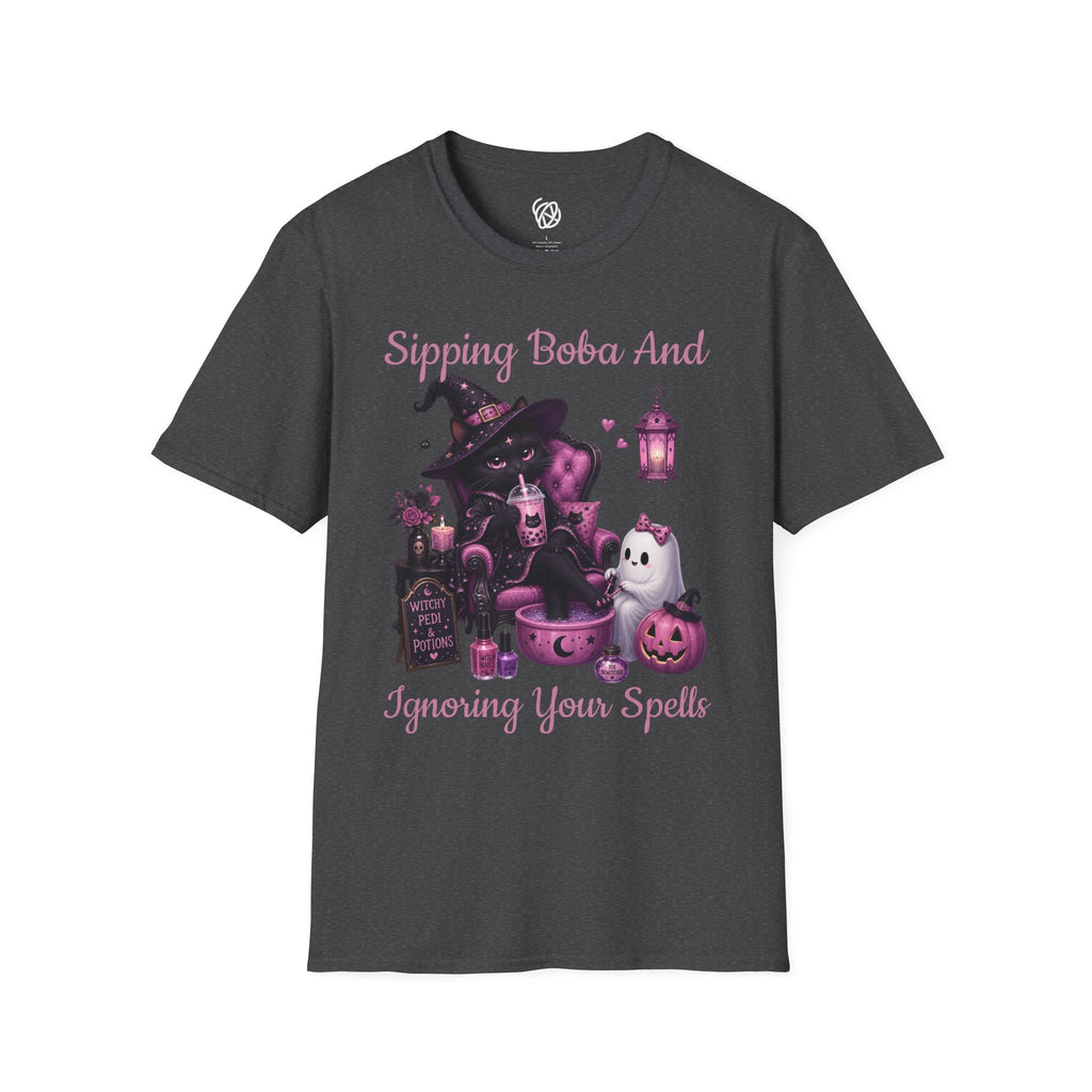 Witch Cat Graphic T-Shirt — Cute Halloween Cat with Lantern & Pumpkin
