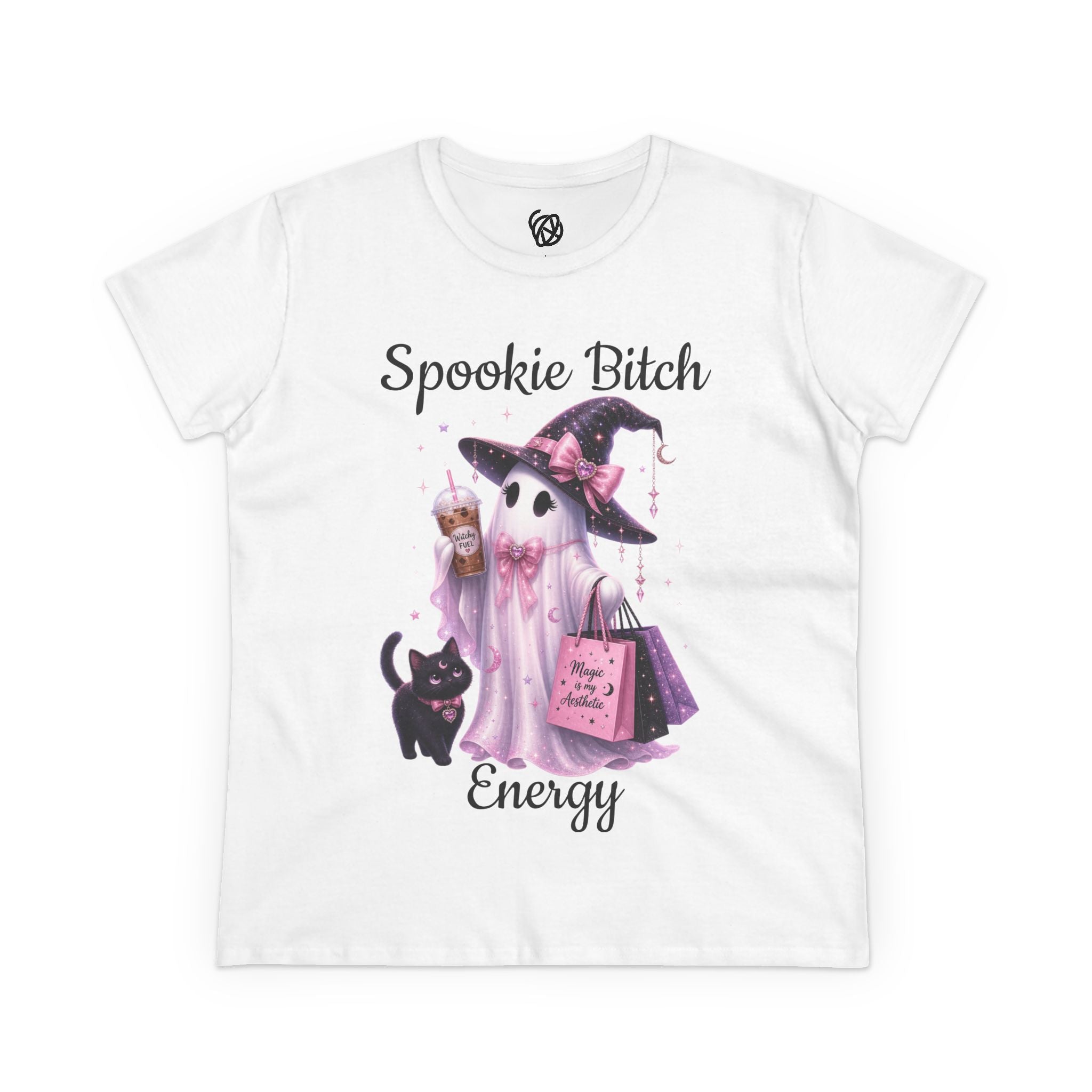 Spooky Bitch Energy Tee — Cute Witch Ghost Halloween T‑Shirt for Women