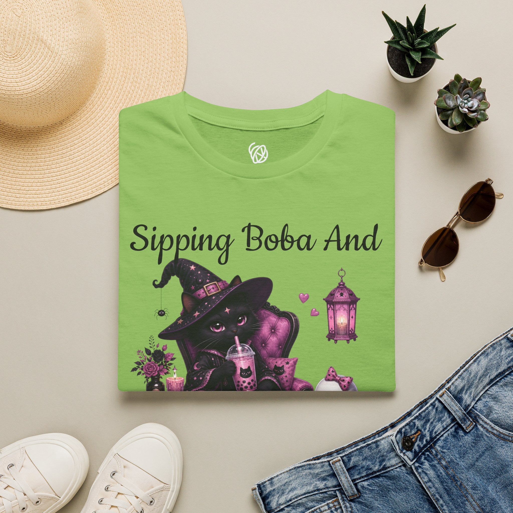 Witch Cat Graphic T-Shirt — Cute Halloween Cat with Lantern & Pumpkin