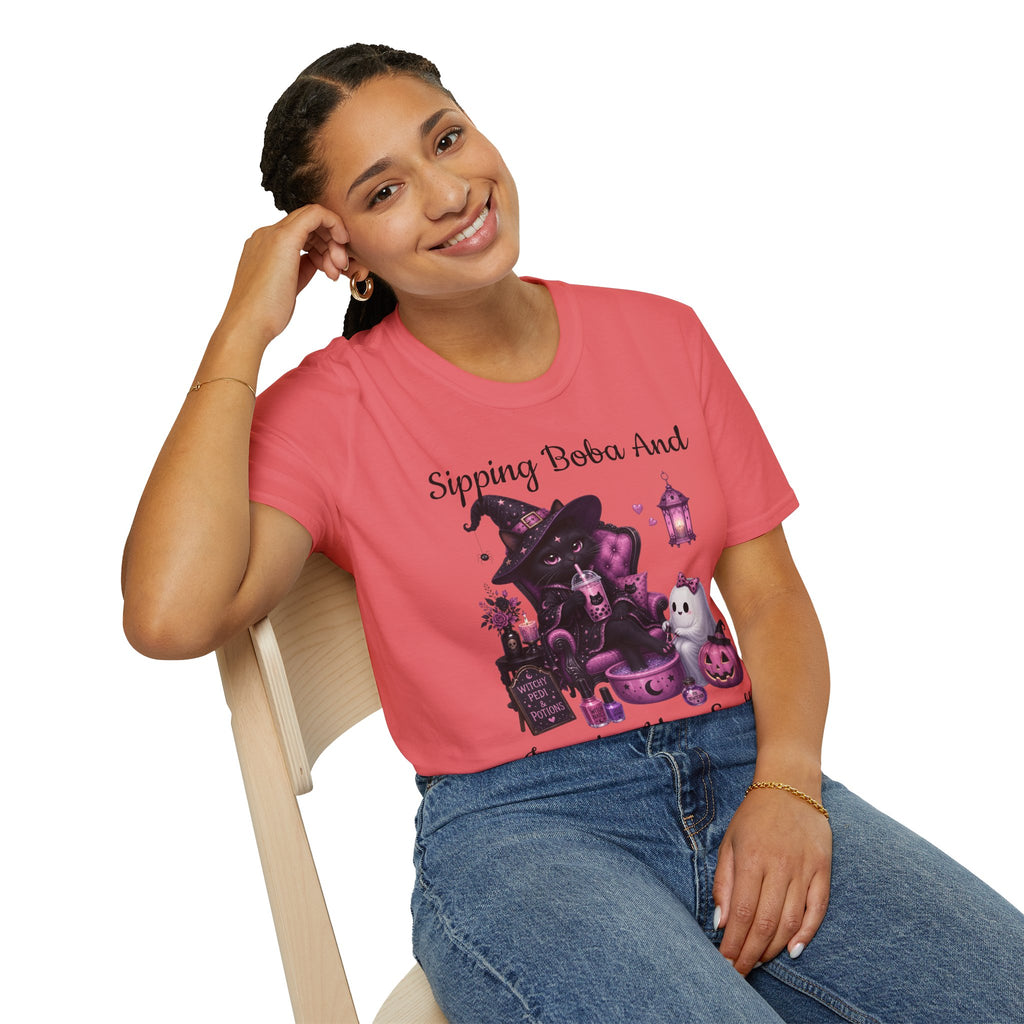 Witch Cat Graphic T-Shirt — Cute Halloween Cat with Lantern & Pumpkin