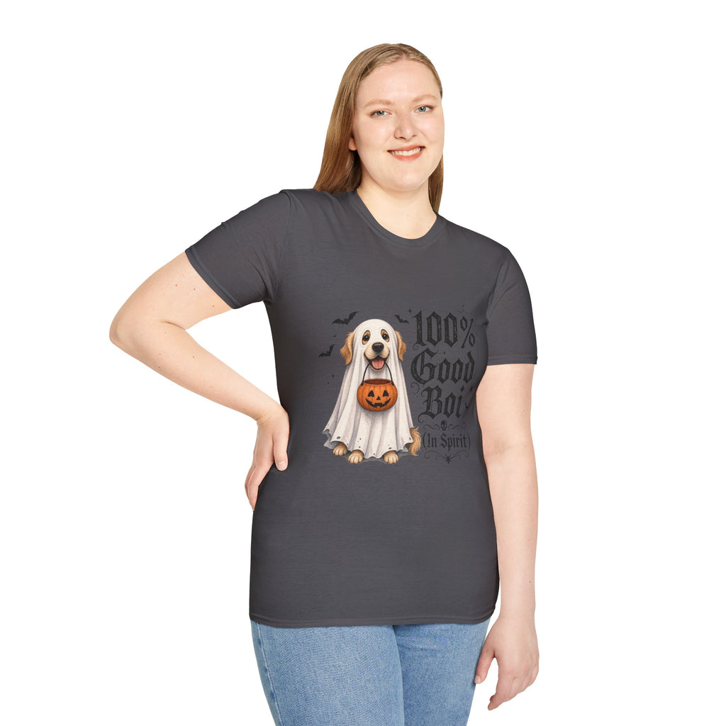 Halloween Dog T-Shirt - "100% Good Boi" Ghost Puppy with Pumpkin