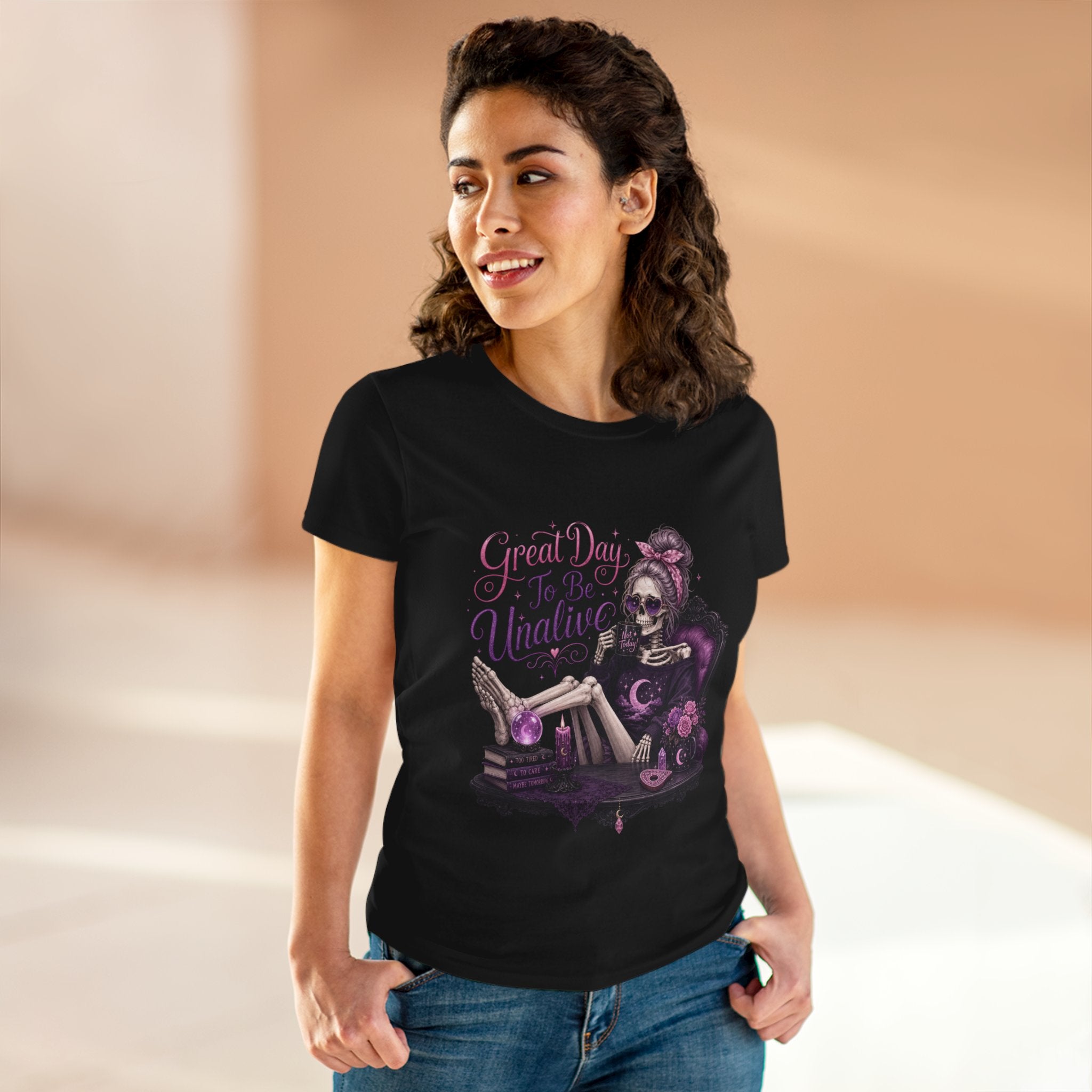 Vintage Gothic Tee — "Great Day To Be Unalive" Skeleton Lounge Shirt