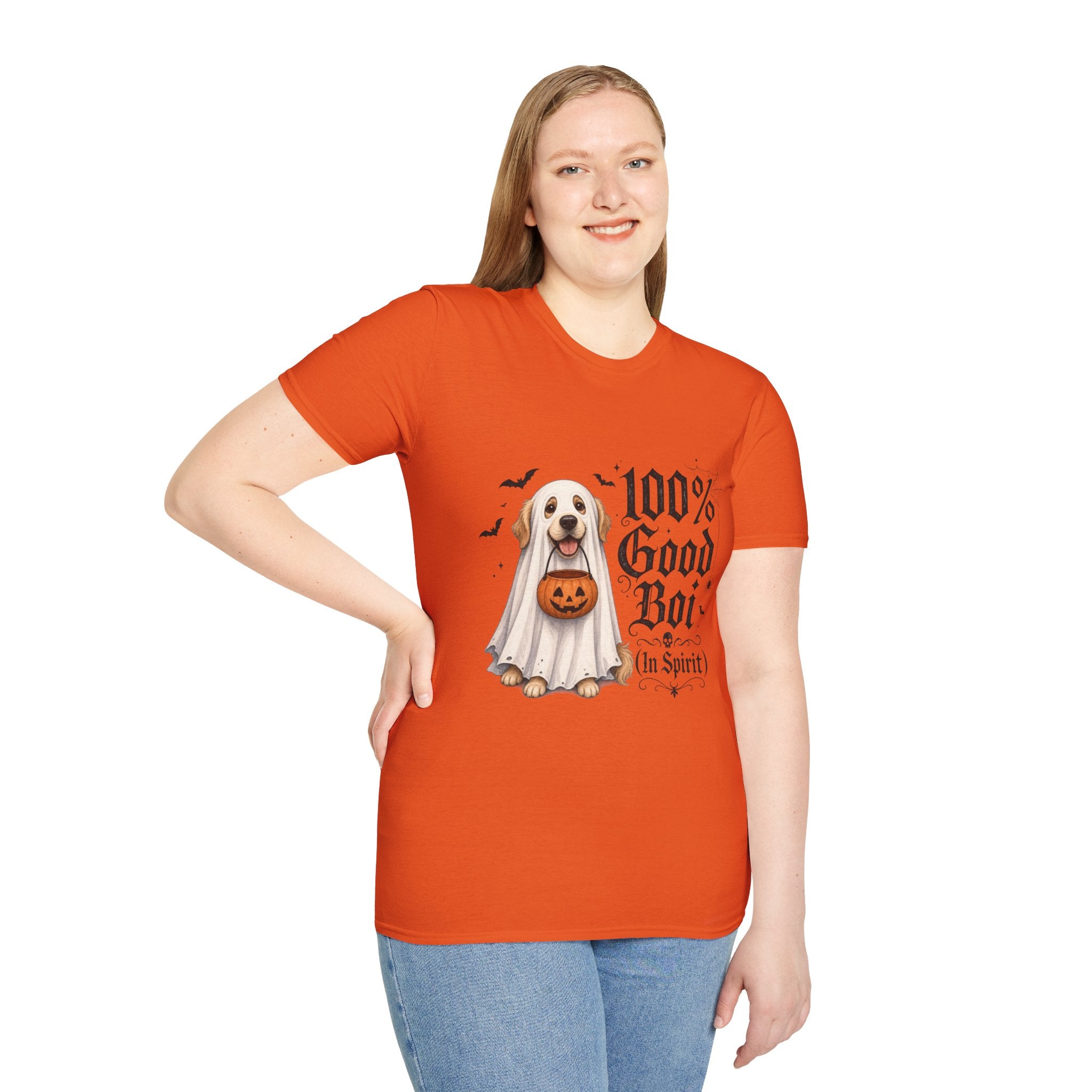 Halloween Dog T-Shirt - "100% Good Boi" Ghost Puppy with Pumpkin