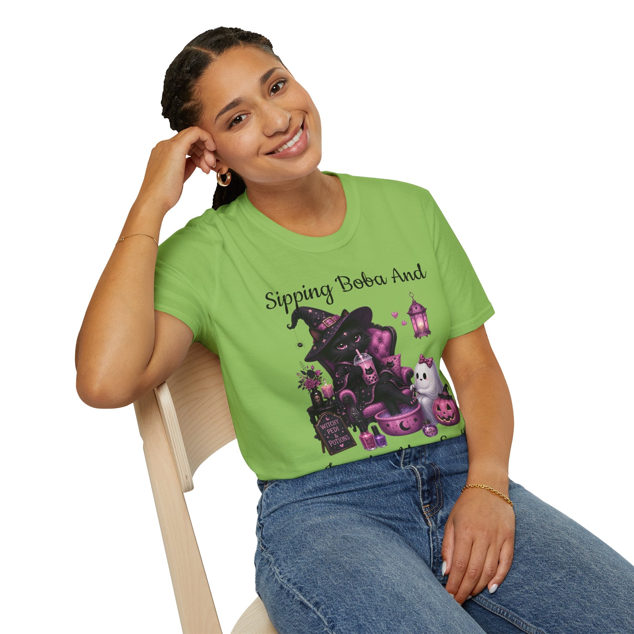 Witch Cat Graphic T-Shirt — Cute Halloween Cat with Lantern & Pumpkin