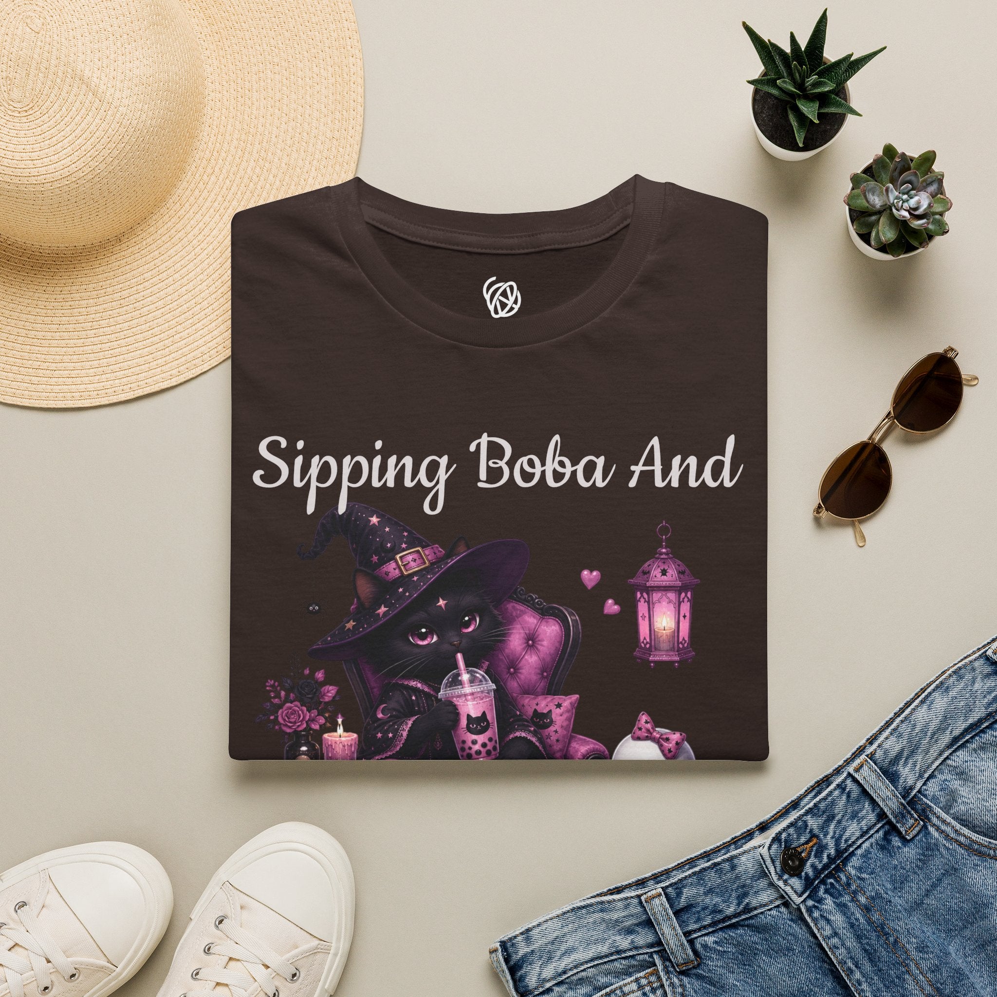 Witch Cat Graphic T-Shirt — Cute Halloween Cat with Lantern & Pumpkin
