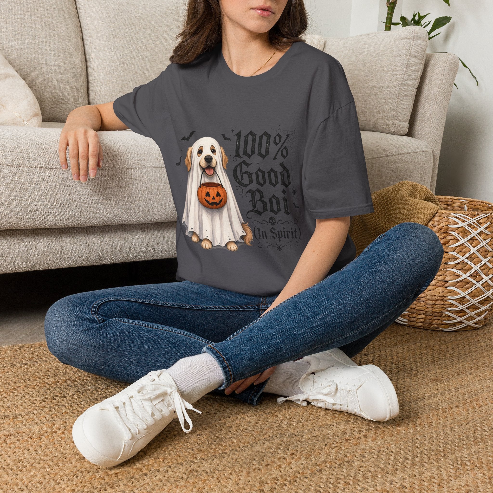 Halloween Dog T-Shirt - "100% Good Boi" Ghost Puppy with Pumpkin
