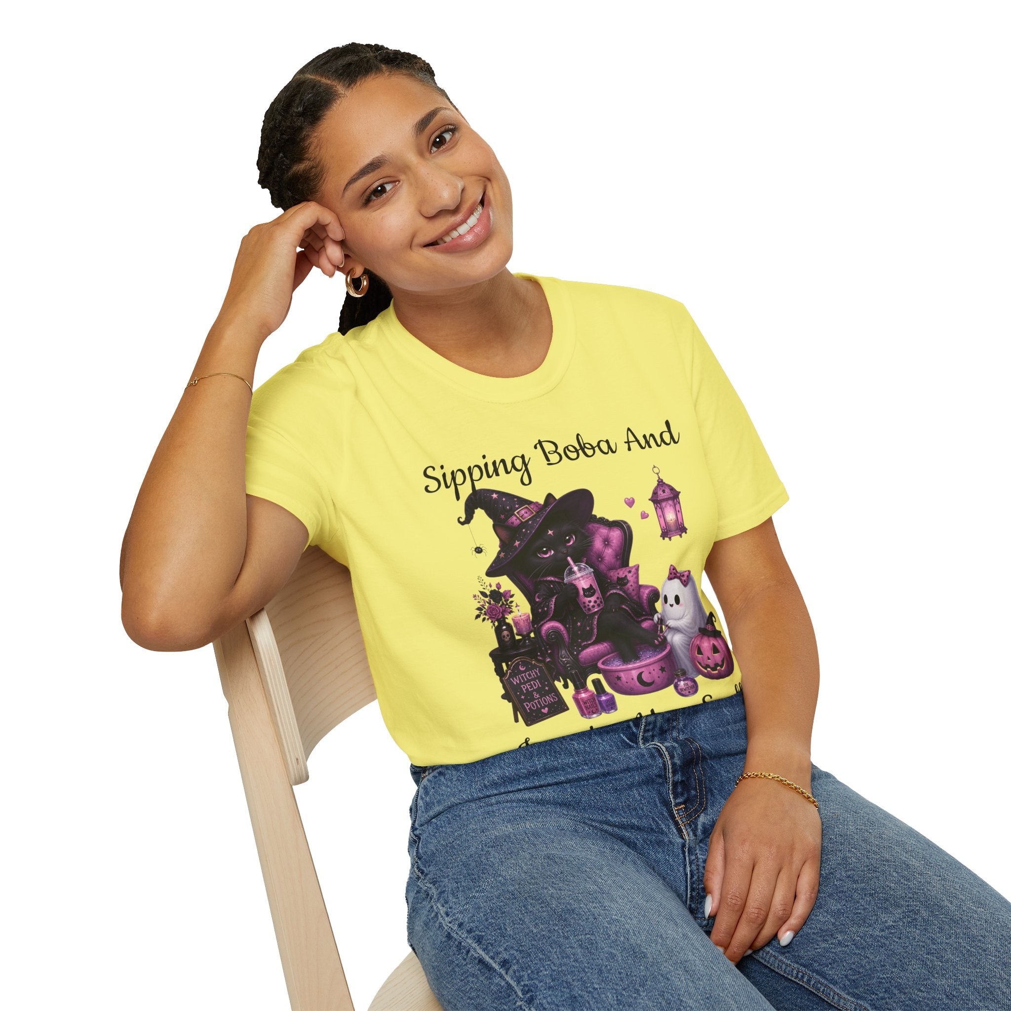 Witch Cat Graphic T-Shirt — Cute Halloween Cat with Lantern & Pumpkin