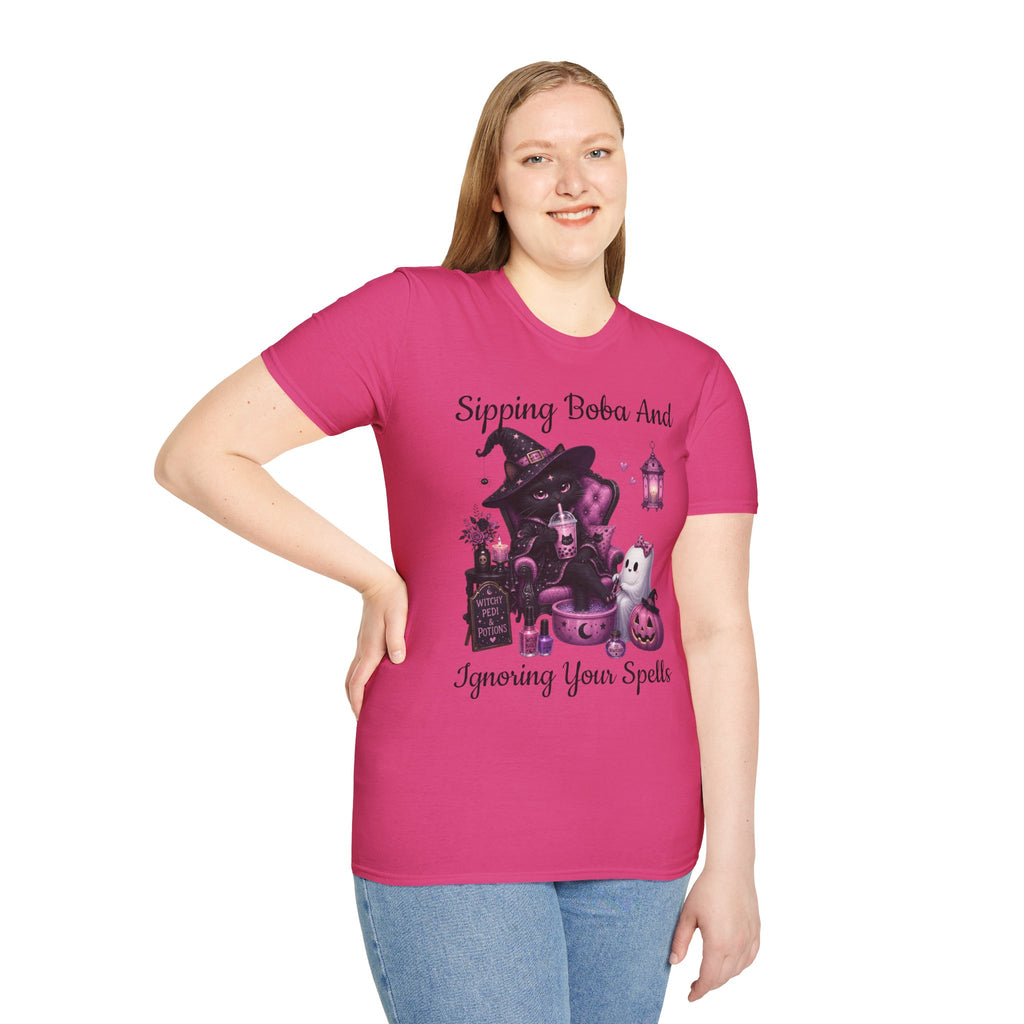 Witch Cat Graphic T-Shirt — Cute Halloween Cat with Lantern & Pumpkin