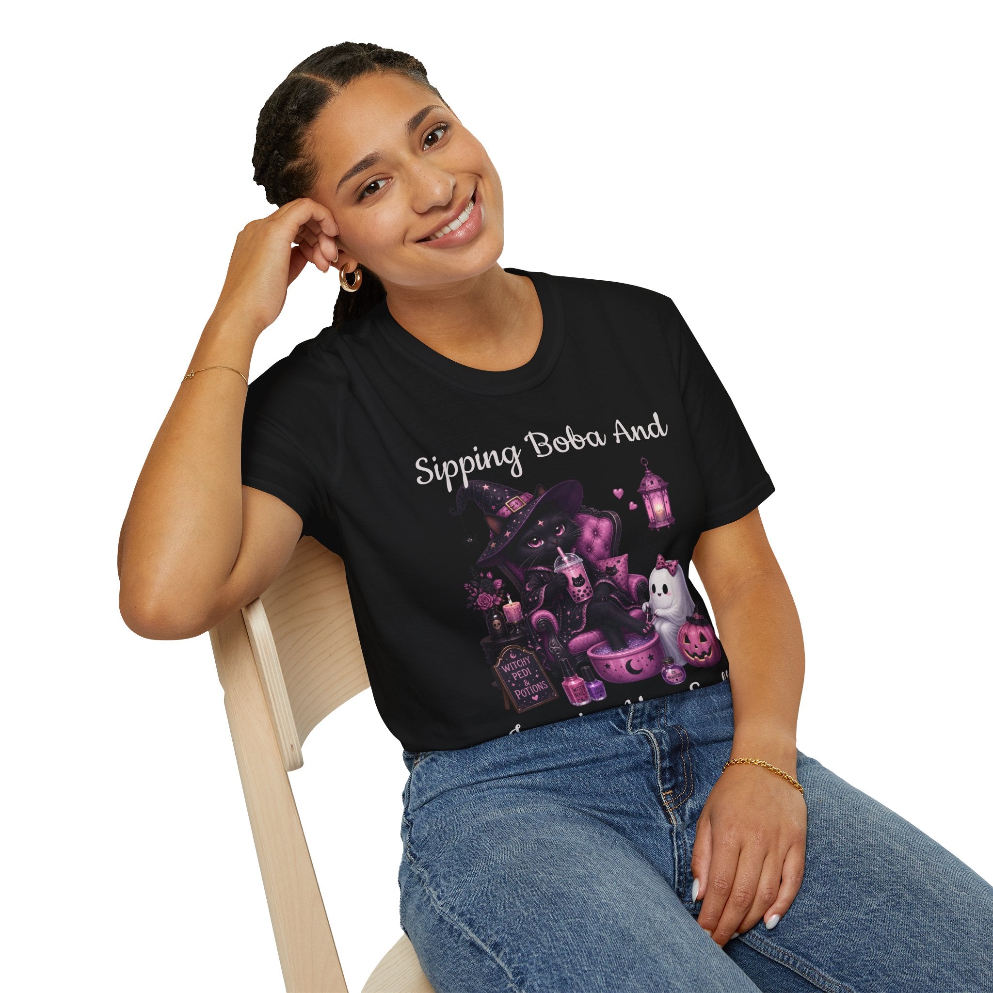Witch Cat Graphic T-Shirt — Cute Halloween Cat with Lantern & Pumpkin