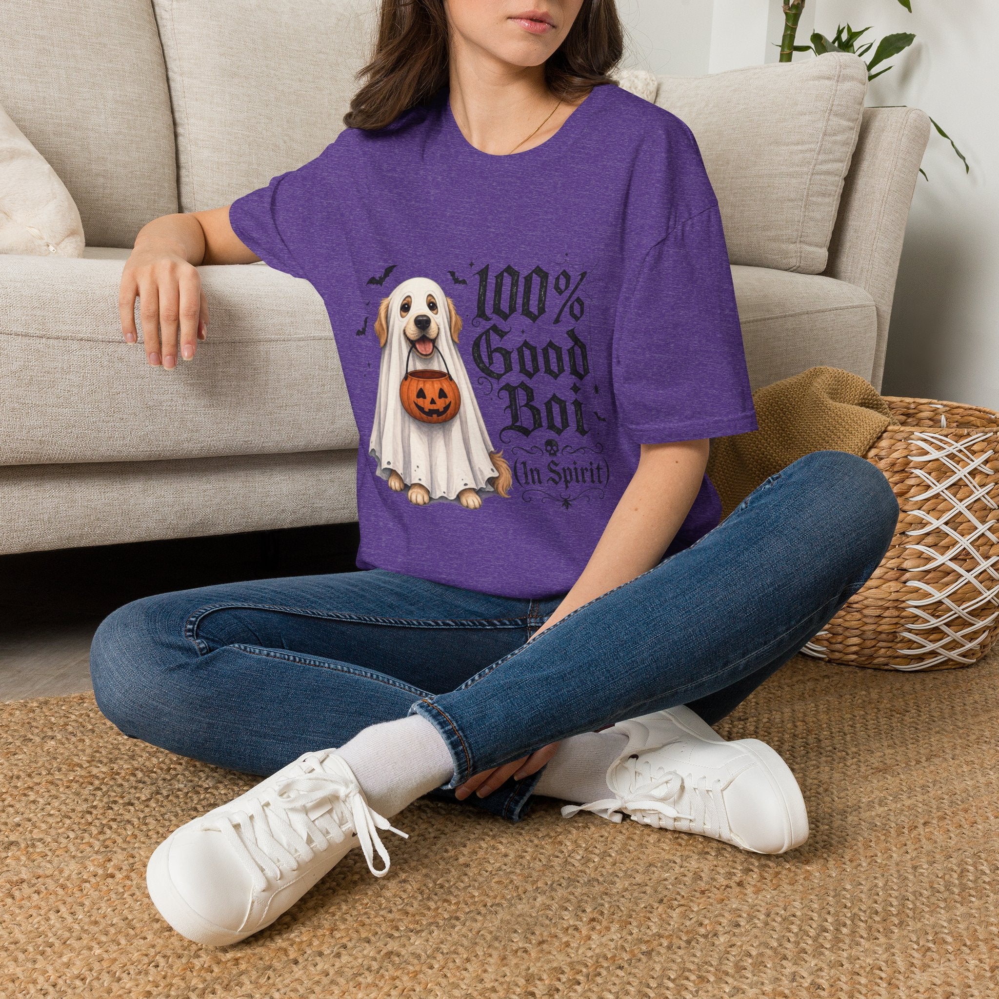 Halloween Dog T-Shirt - "100% Good Boi" Ghost Puppy with Pumpkin