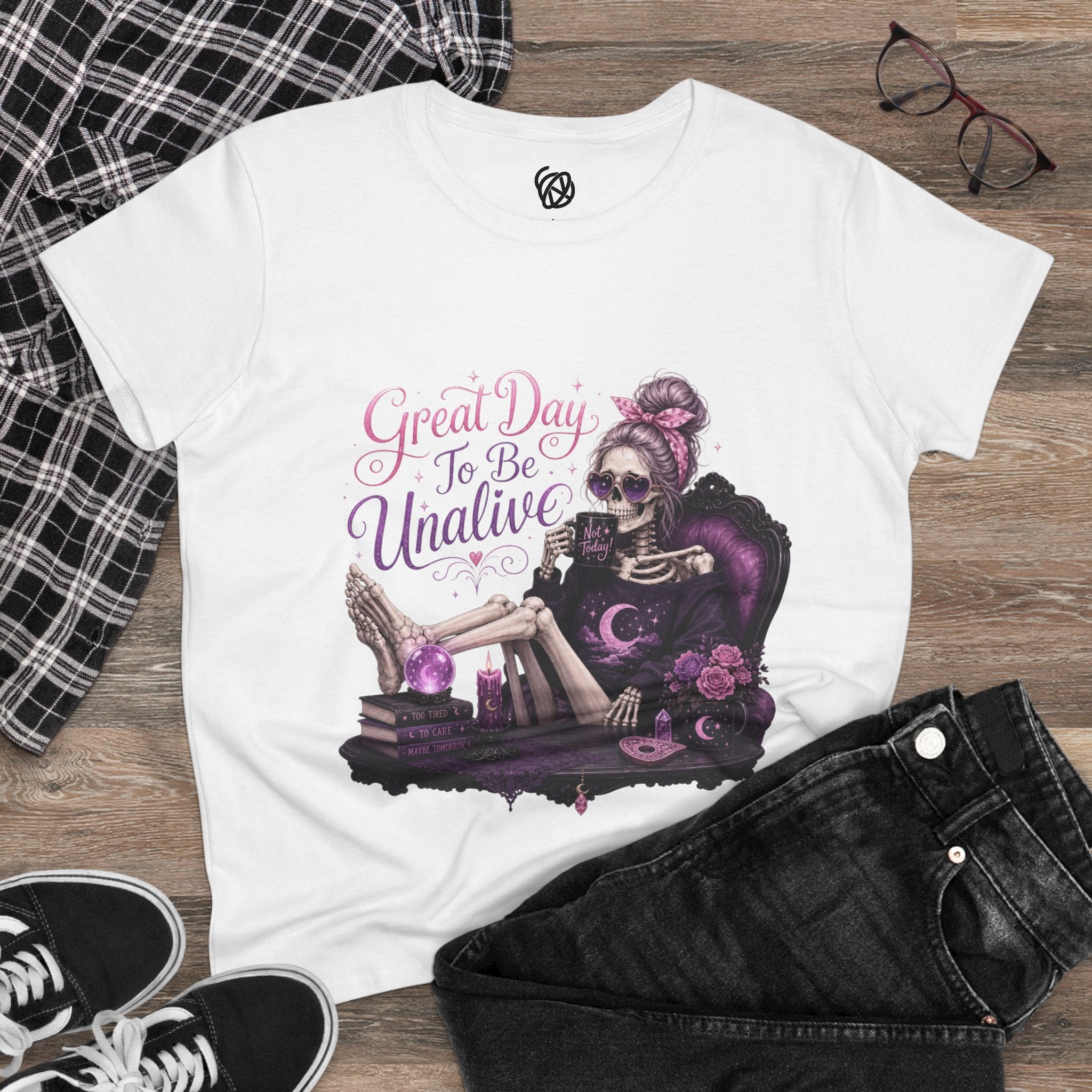 Vintage Gothic Tee — "Great Day To Be Unalive" Skeleton Lounge Shirt