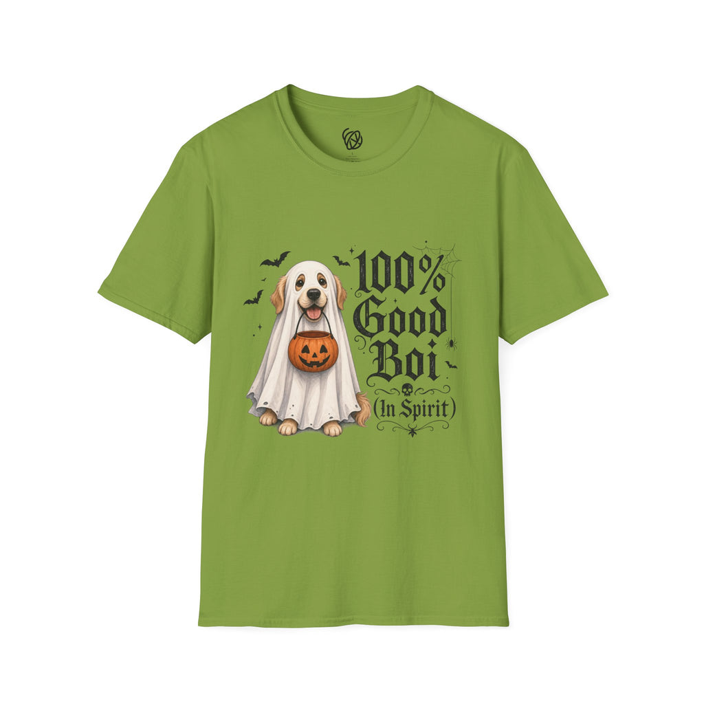 Halloween Dog T-Shirt - "100% Good Boi" Ghost Puppy with Pumpkin